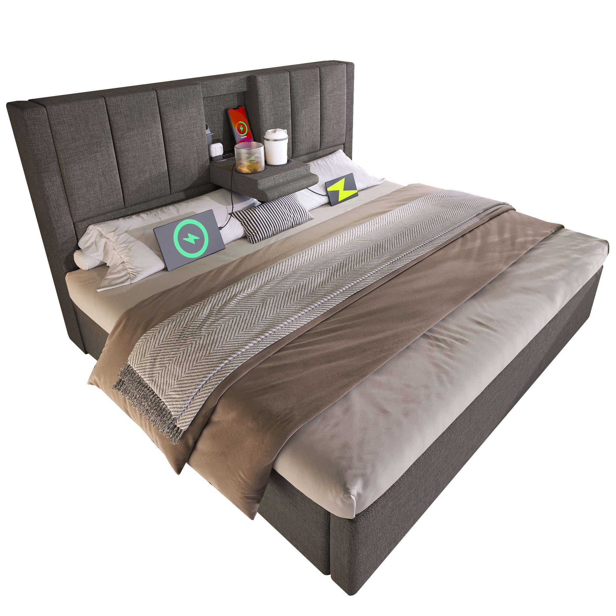Upholstered Bed 160x200cm Hydraulic Storage with Hidden Cup Holder & Charging Station Linen Grey - Image 8