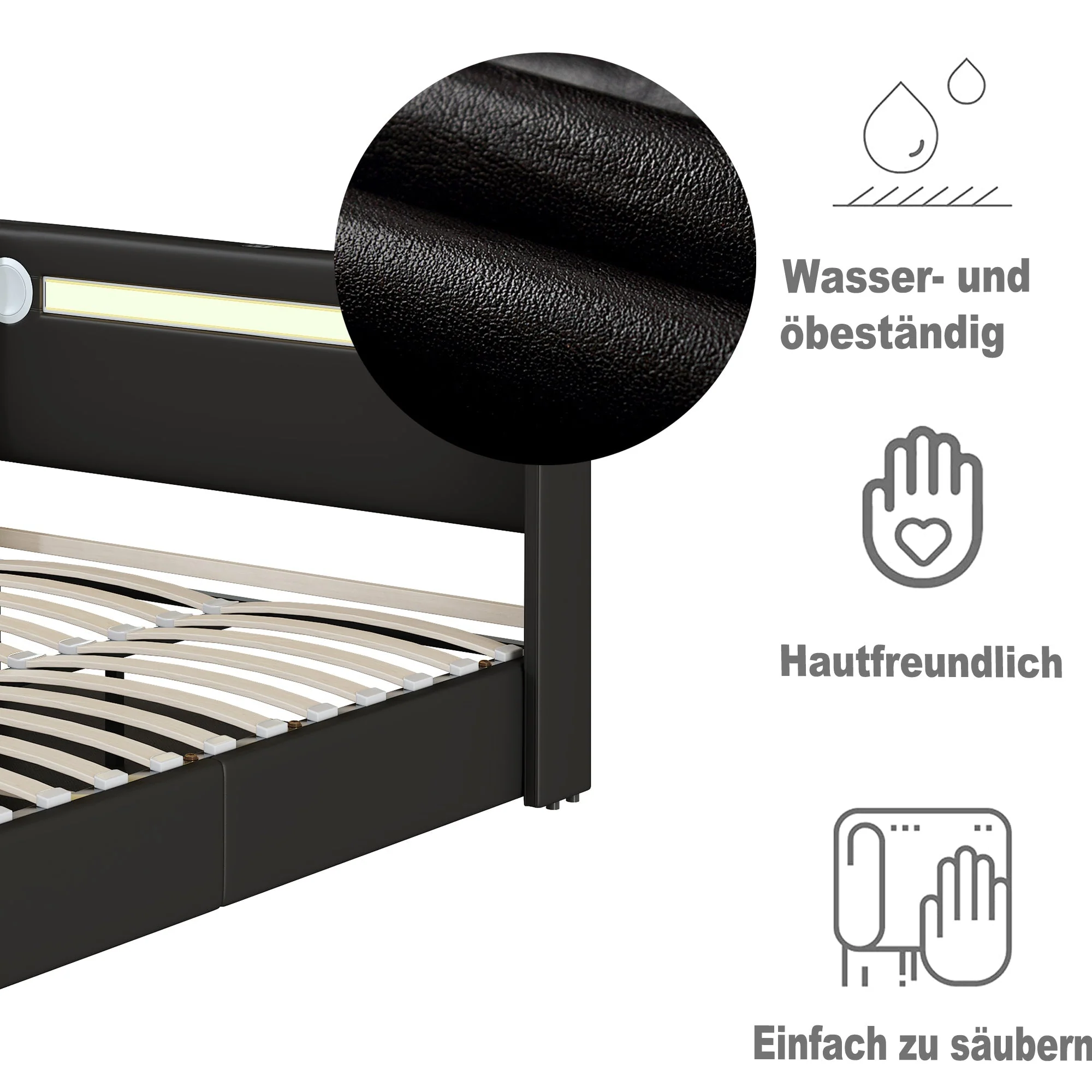 Upholstered Bed, 160x200cm LED & Bluetooth Storage, Black PU Leather - Image 10