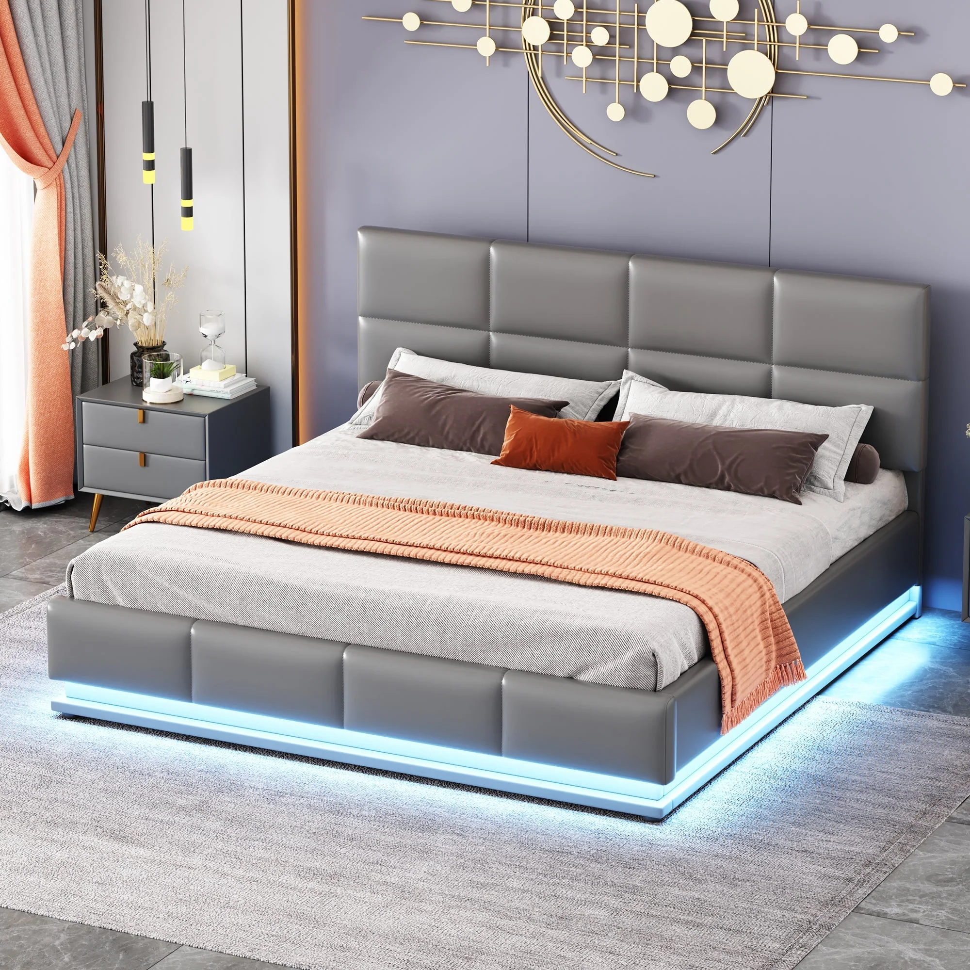 Upholstered Bed, 160x200cm, LED, Hydraulic Storage, Grey - Image 4