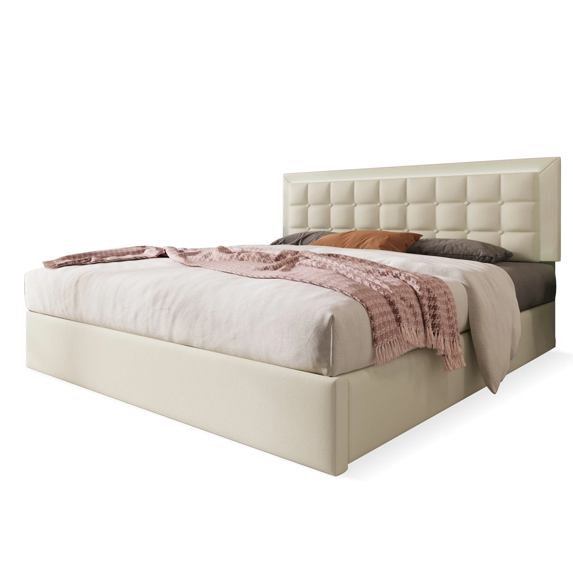 Upholstered Bed, 160x200cm LED Storage Double, White Faux Leather - Image 5
