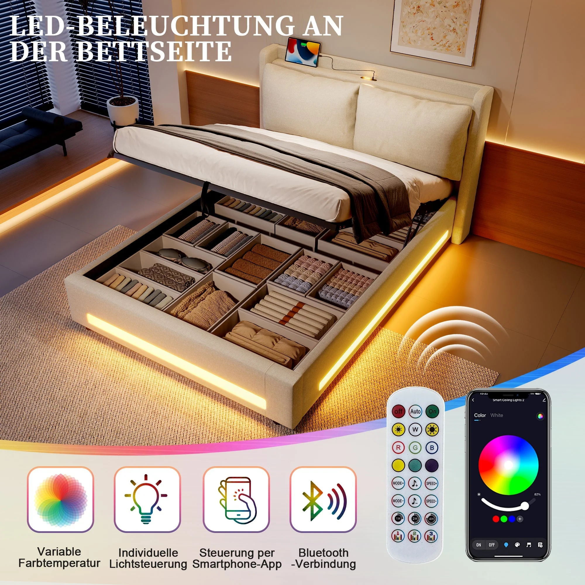 Upholstered Bed 160x200cm Storage Removable Cushion USB-C LED Light - Beige - Image 7
