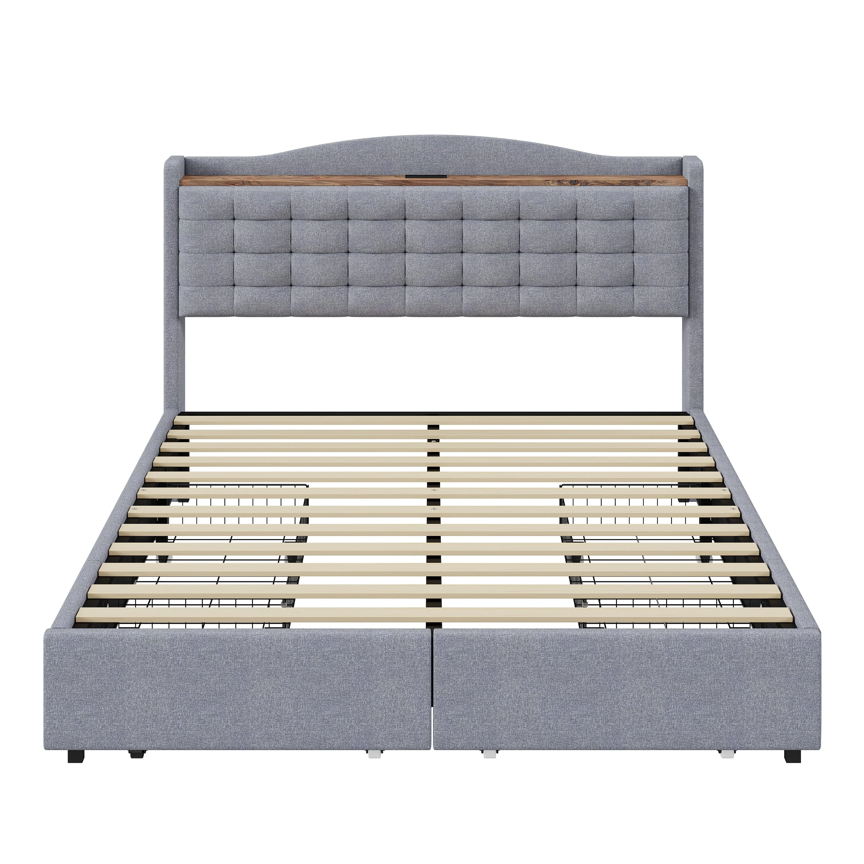 Upholstered Bed 160x200cm, USB Charging, 4-Drawer, Linen Fabric Gray - Image 6