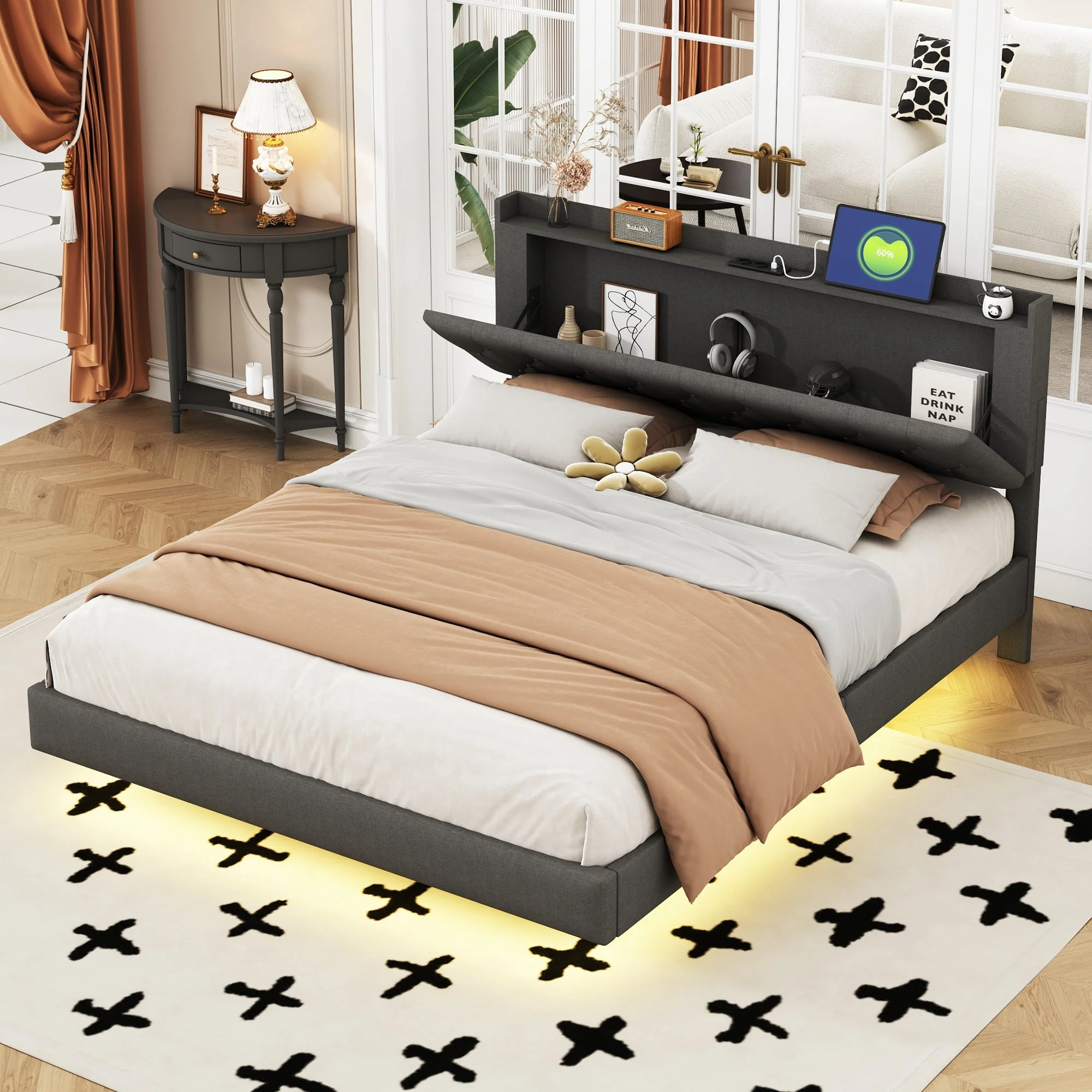 Upholstered Bed, 160x200cm, USB & LED, Linen Gray - Image 3