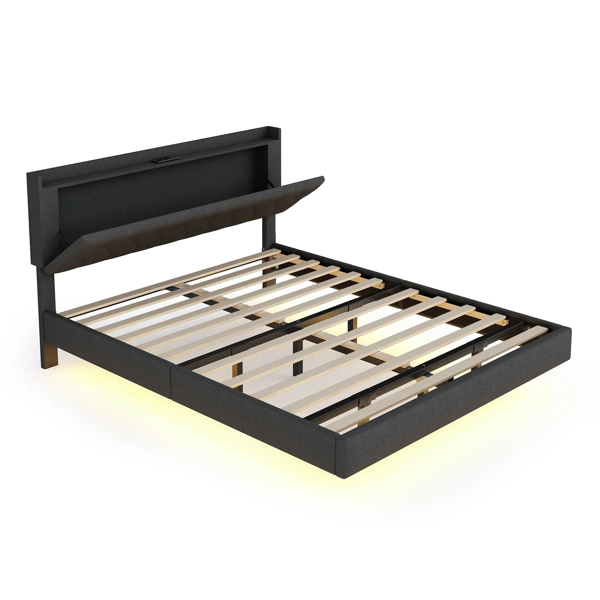 Upholstered Bed, 160x200cm, USB & LED, Linen Gray - Image 6
