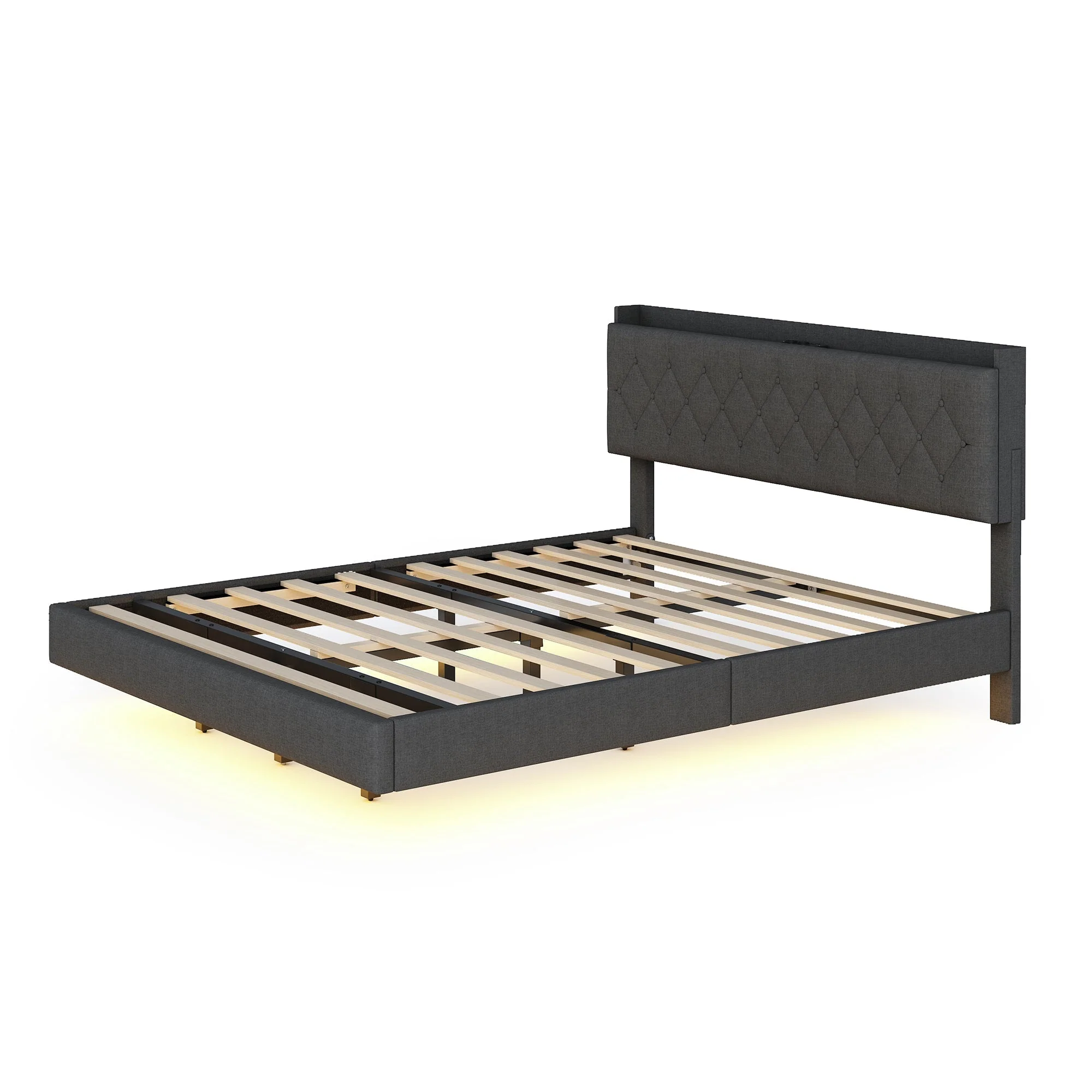 Upholstered Bed, 160x200cm, USB & LED, Linen Gray - Image 7