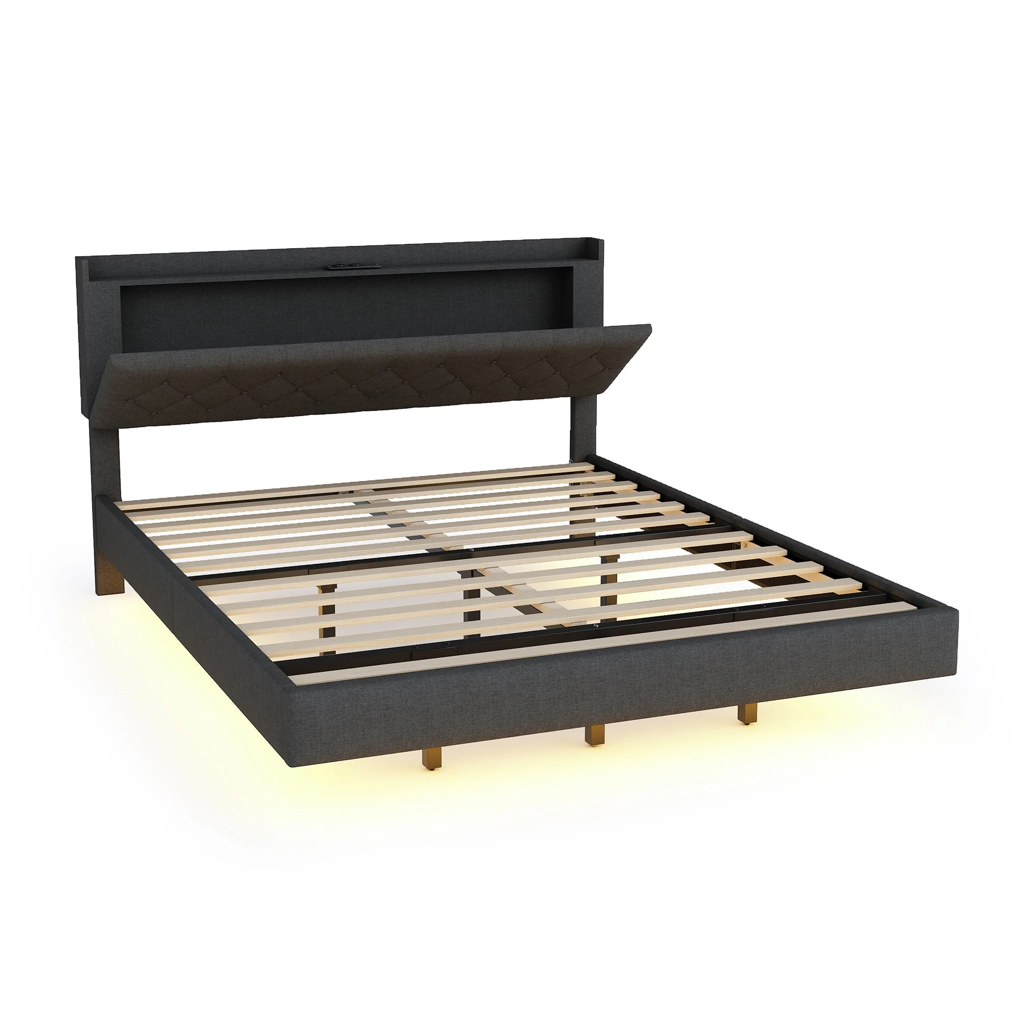 Upholstered Bed, 160x200cm, USB & LED, Linen Gray - Image 9
