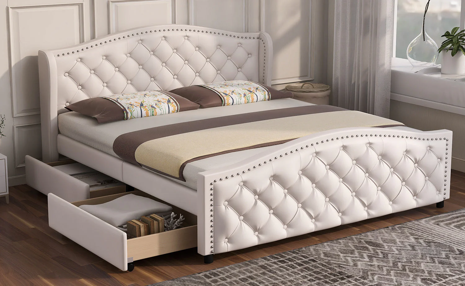 Upholstered Bed 160x200cm with 2 Drawers Rivet Headboard - White Faux Leather - Image 3