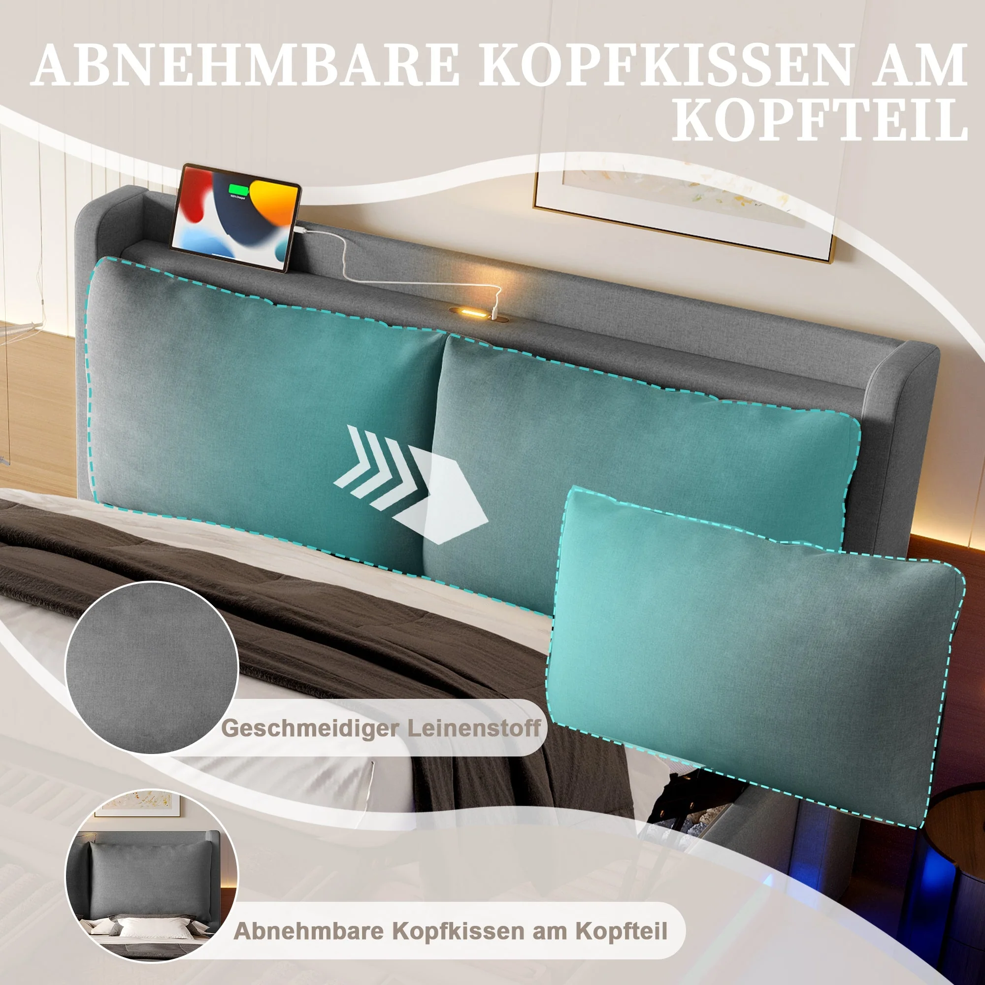 Upholstered Bed 160x200cm with Stylish Headboard, Storage, USB-C Ports, and LED Lighting - Image 8