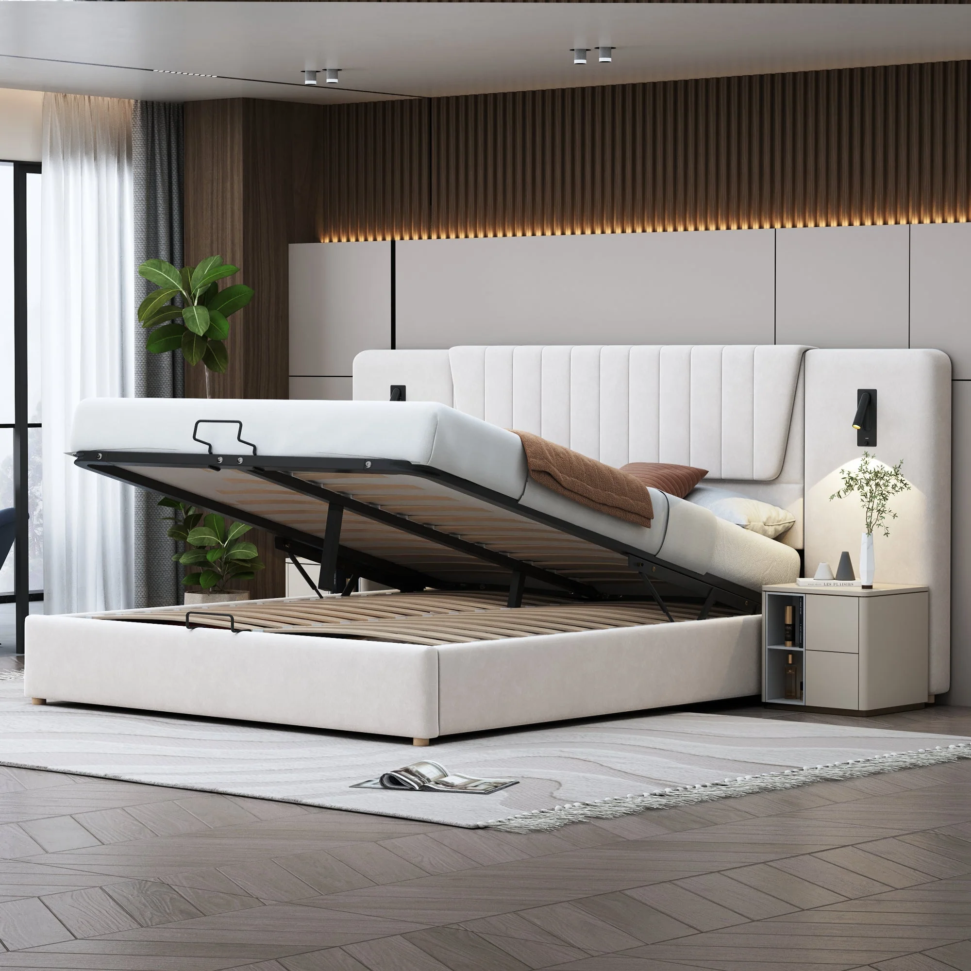 Upholstered Bed, 180*200cm, Extra-Long Backrest, Reading Lamp, USB Port, Hydraulic Storage, Beige Velvet - Image 2