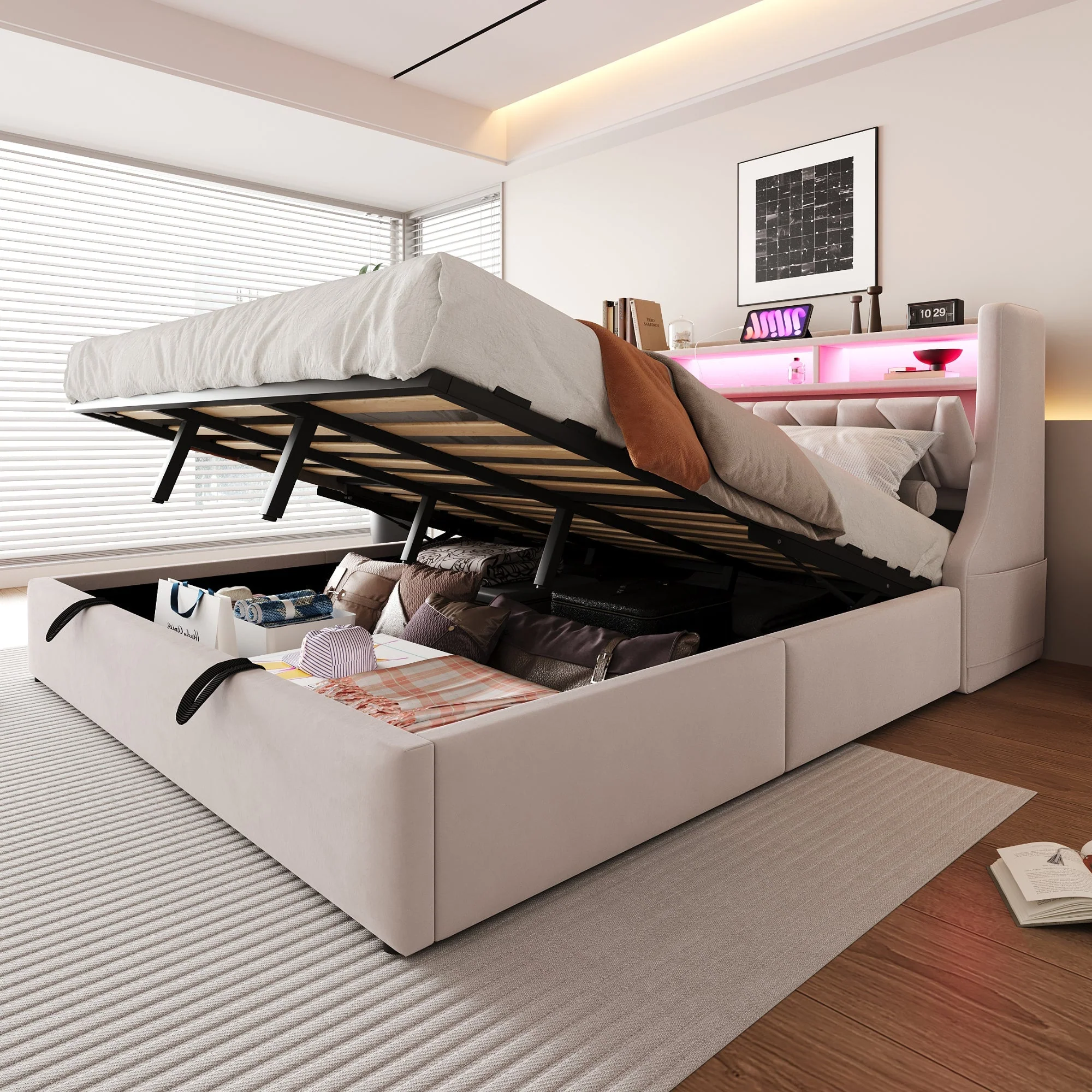 Upholstered Bed 180 x 200 cm, Hydraulic Storage with Fold-Down Headboard and LED Lighting, Beige Velvet