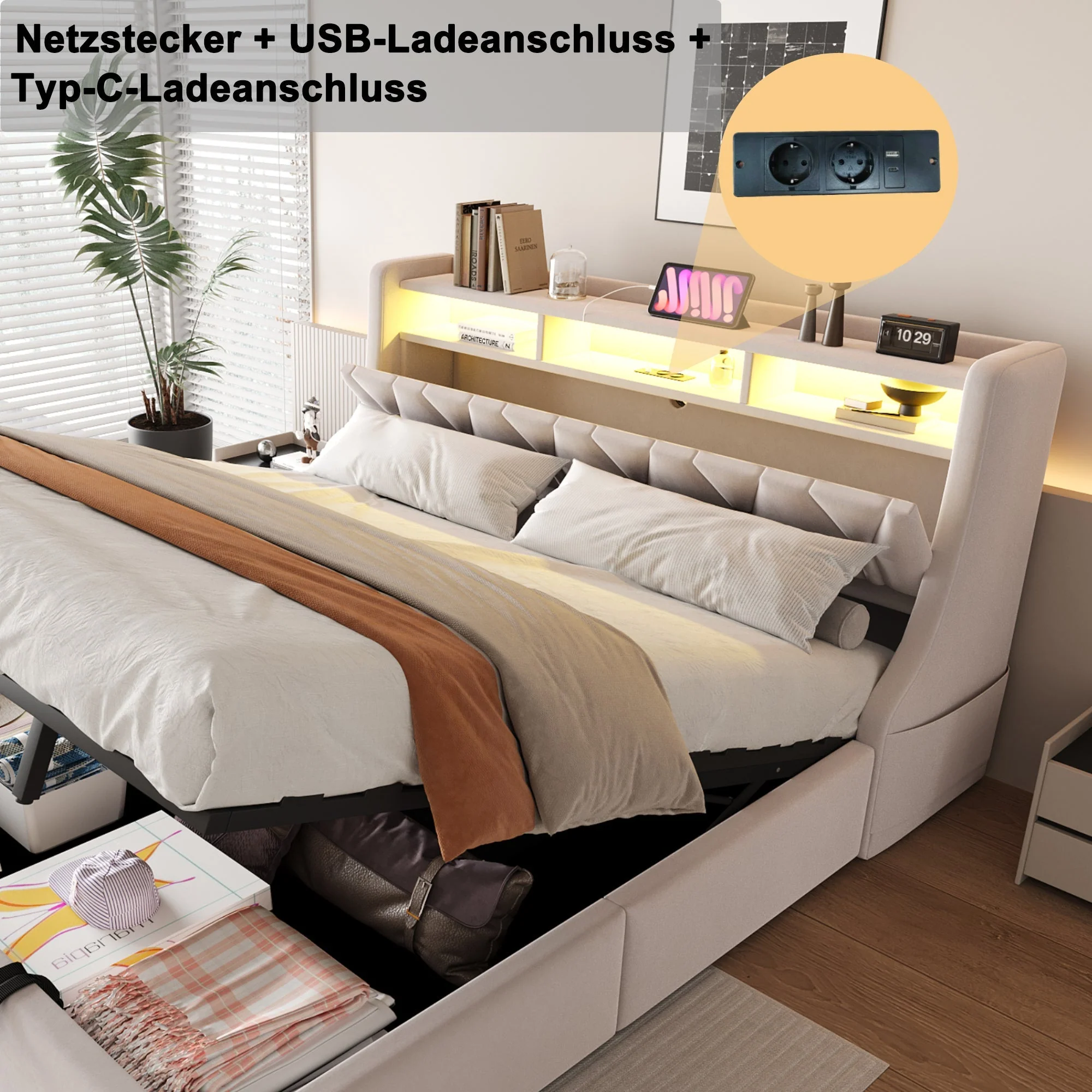 Upholstered Bed 180 x 200 cm, Hydraulic Storage with Fold-Down Headboard and LED Lighting, Beige Velvet - Image 4