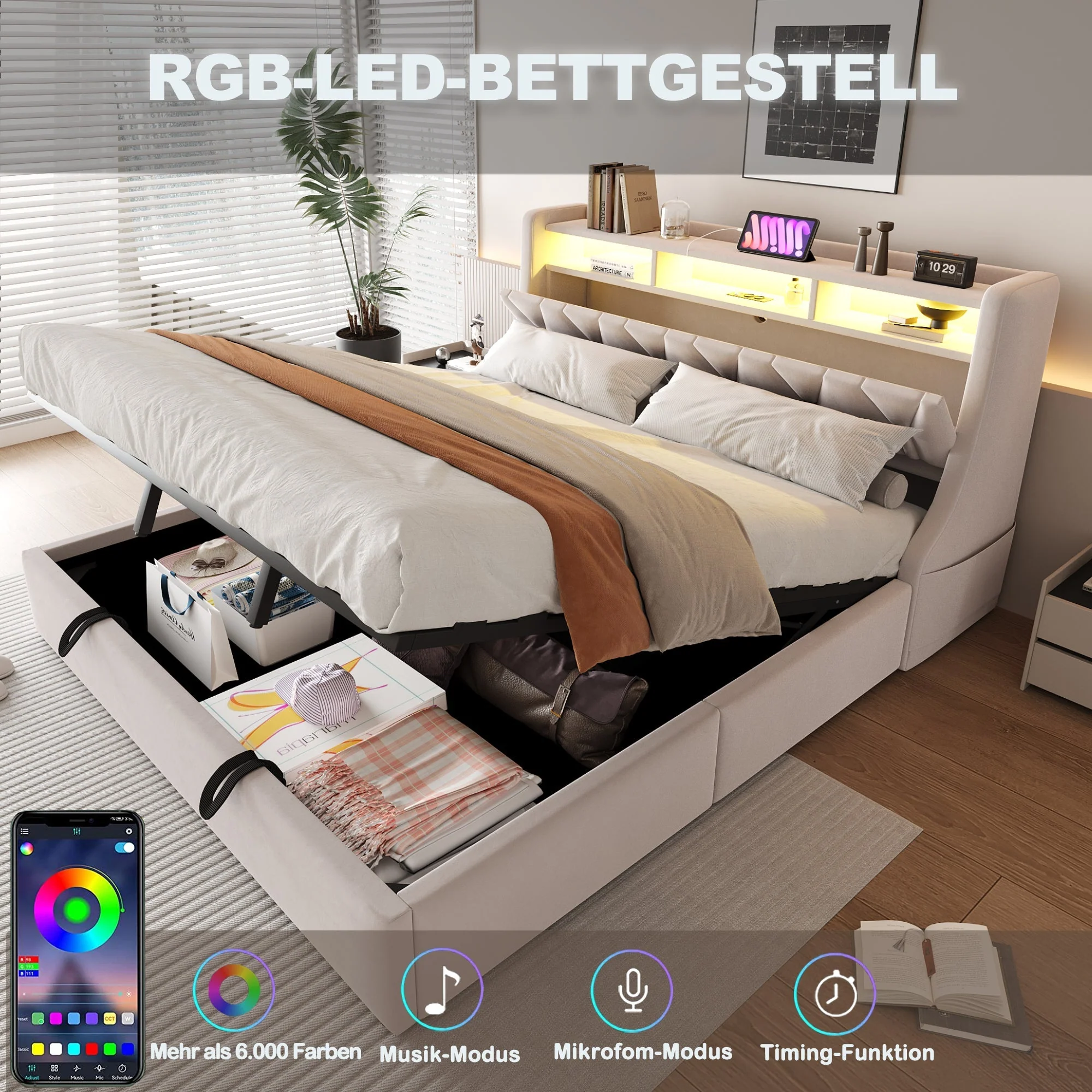 Upholstered Bed 180 x 200 cm, Hydraulic Storage with Fold-Down Headboard and LED Lighting, Beige Velvet - Image 5