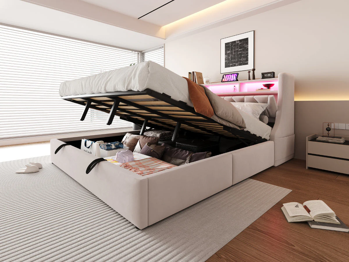 Upholstered Bed 180 x 200 cm, Hydraulic Storage with Fold-Down Headboard and LED Lighting, Beige Velvet - Image 7