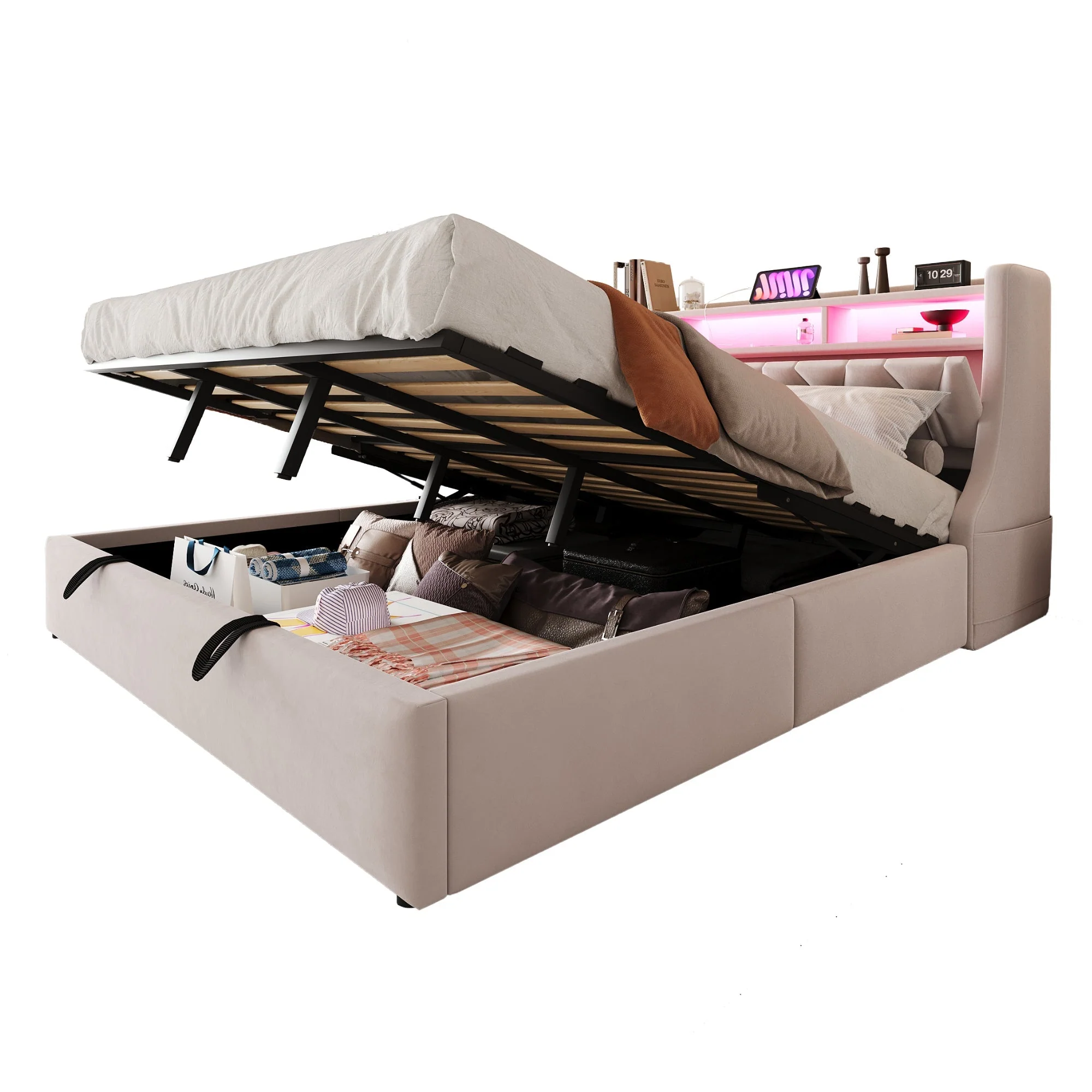 Upholstered Bed 180 x 200 cm, Hydraulic Storage with Fold-Down Headboard and LED Lighting, Beige Velvet - Image 9