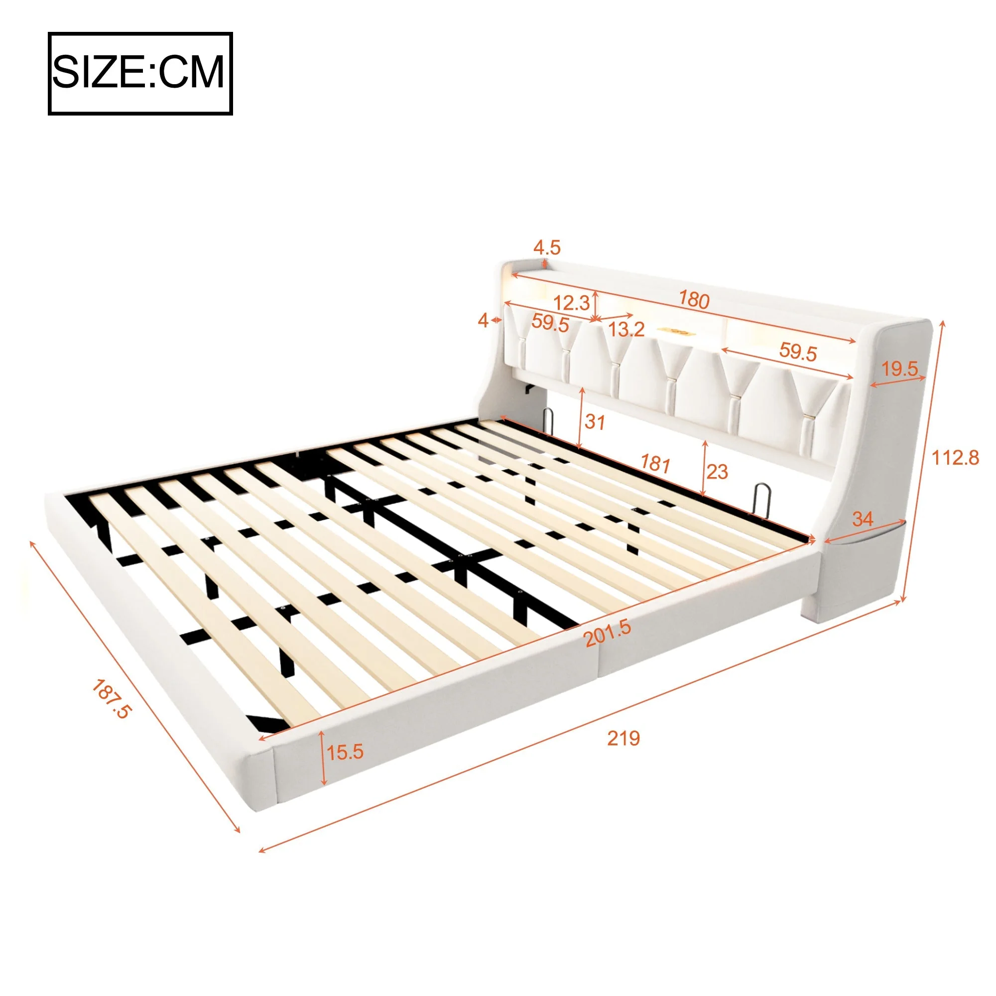 Upholstered Bed 180 x 200 cm with Storage Headboard, Charging Station and LED Lighting, Beige Velvet Fabric - Image 10