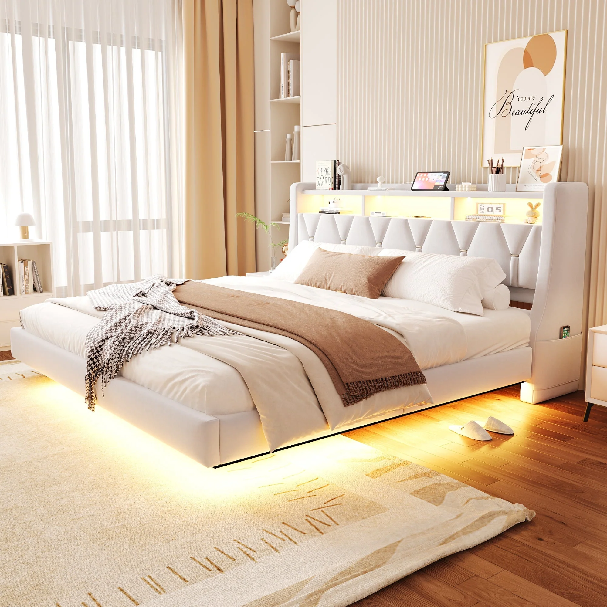 Upholstered Bed 180 x 200 cm with Storage Headboard, Charging Station and LED Lighting, Beige Velvet Fabric - Image 2