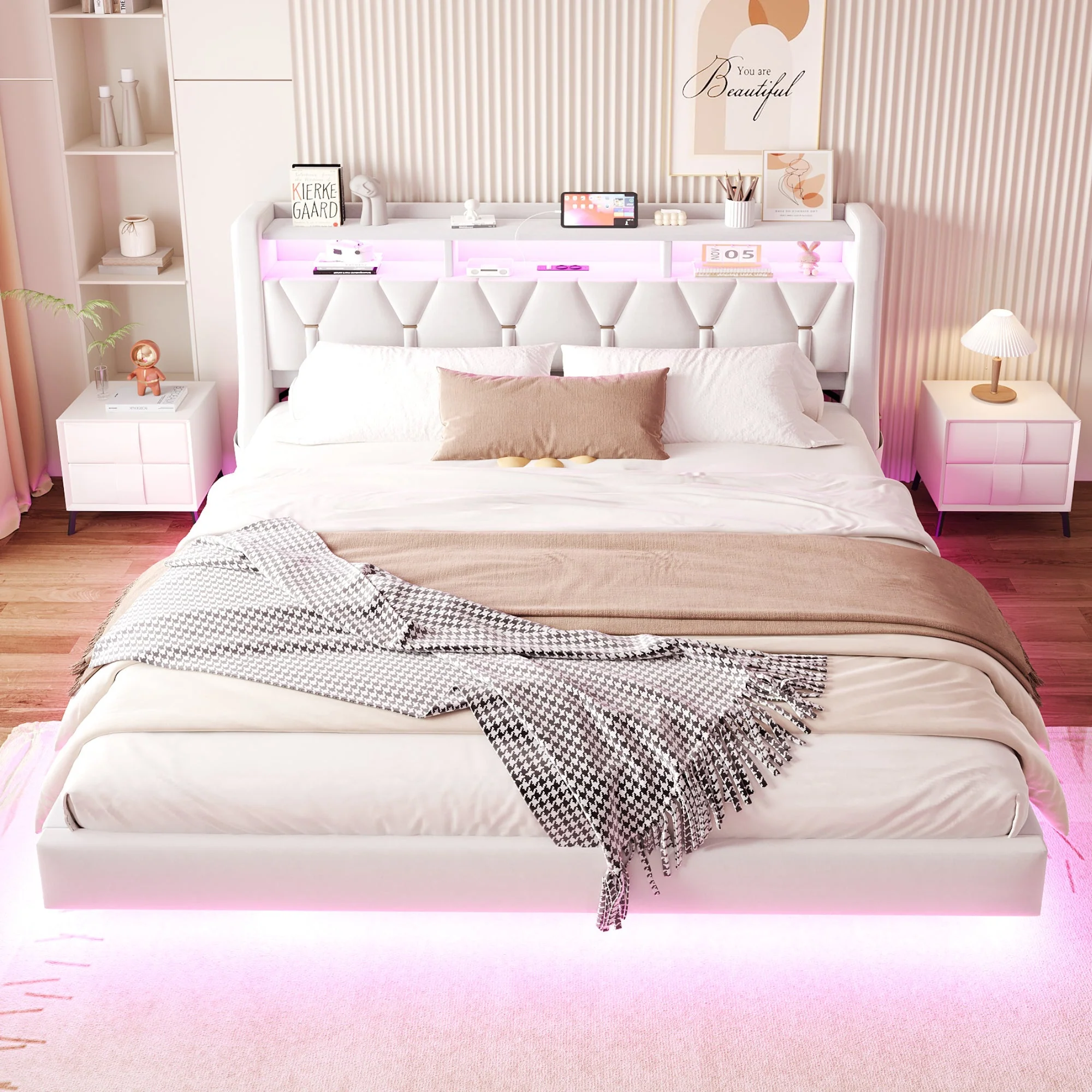 Upholstered Bed 180 x 200 cm with Storage Headboard, Charging Station and LED Lighting, Beige Velvet Fabric - Image 3