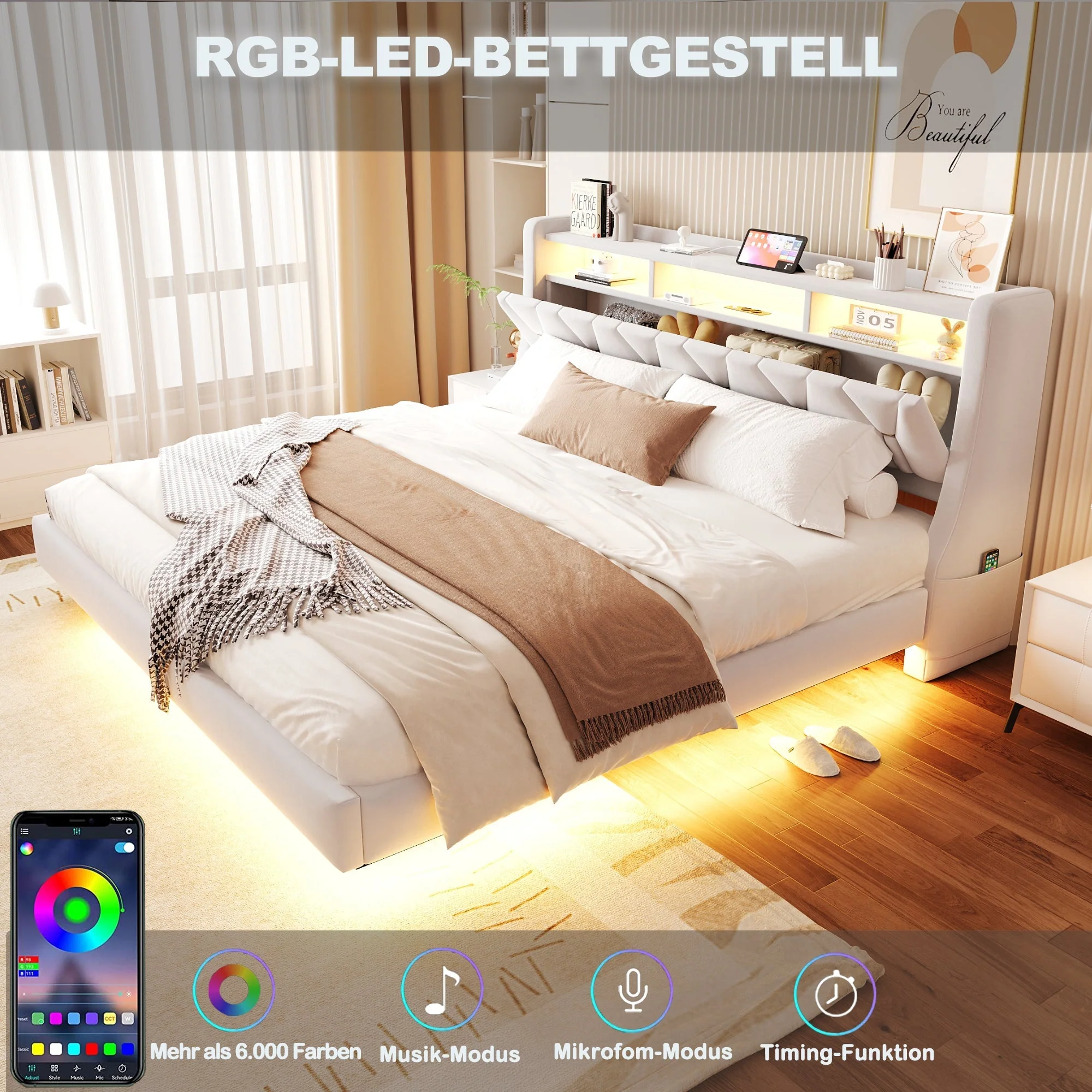 Upholstered Bed 180 x 200 cm with Storage Headboard, Charging Station and LED Lighting, Beige Velvet Fabric - Image 4