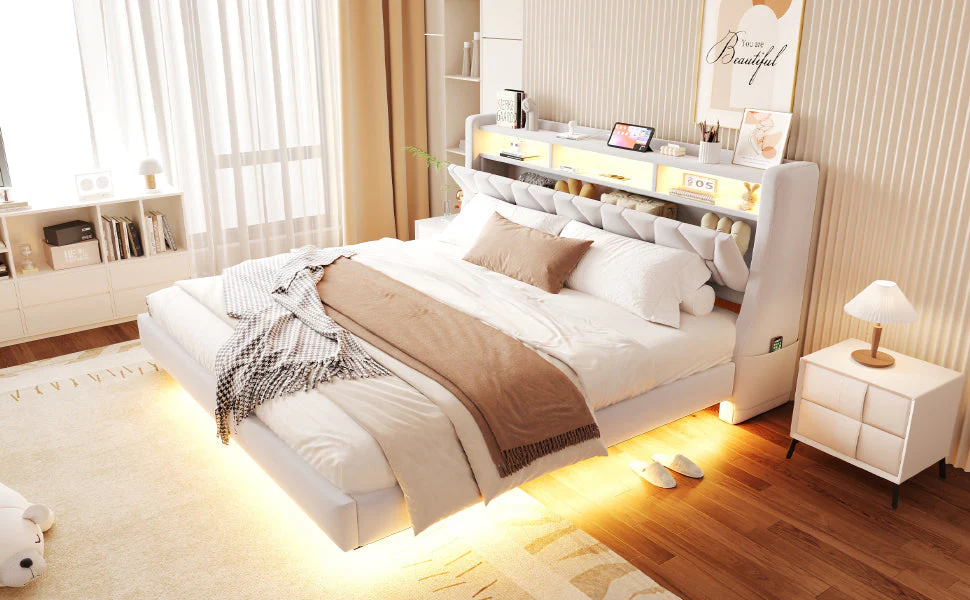 Upholstered Bed 180 x 200 cm with Storage Headboard, Charging Station and LED Lighting, Beige Velvet Fabric - Image 5