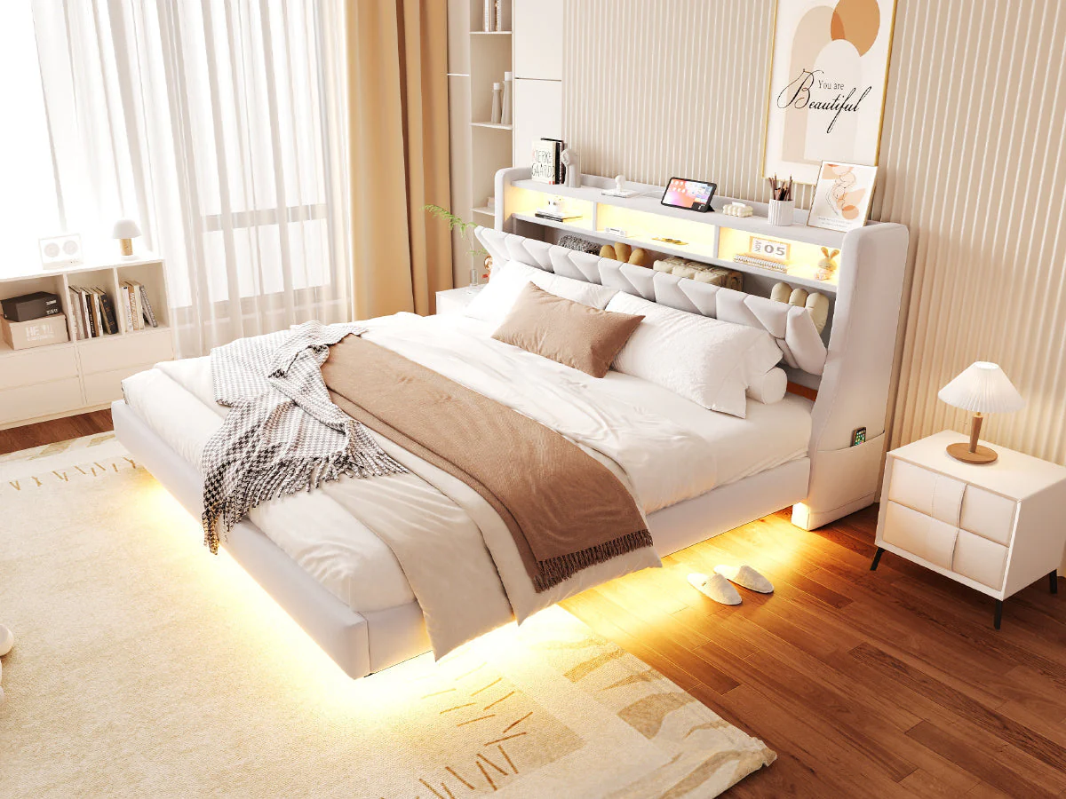 Upholstered Bed 180 x 200 cm with Storage Headboard, Charging Station and LED Lighting, Beige Velvet Fabric - Image 6