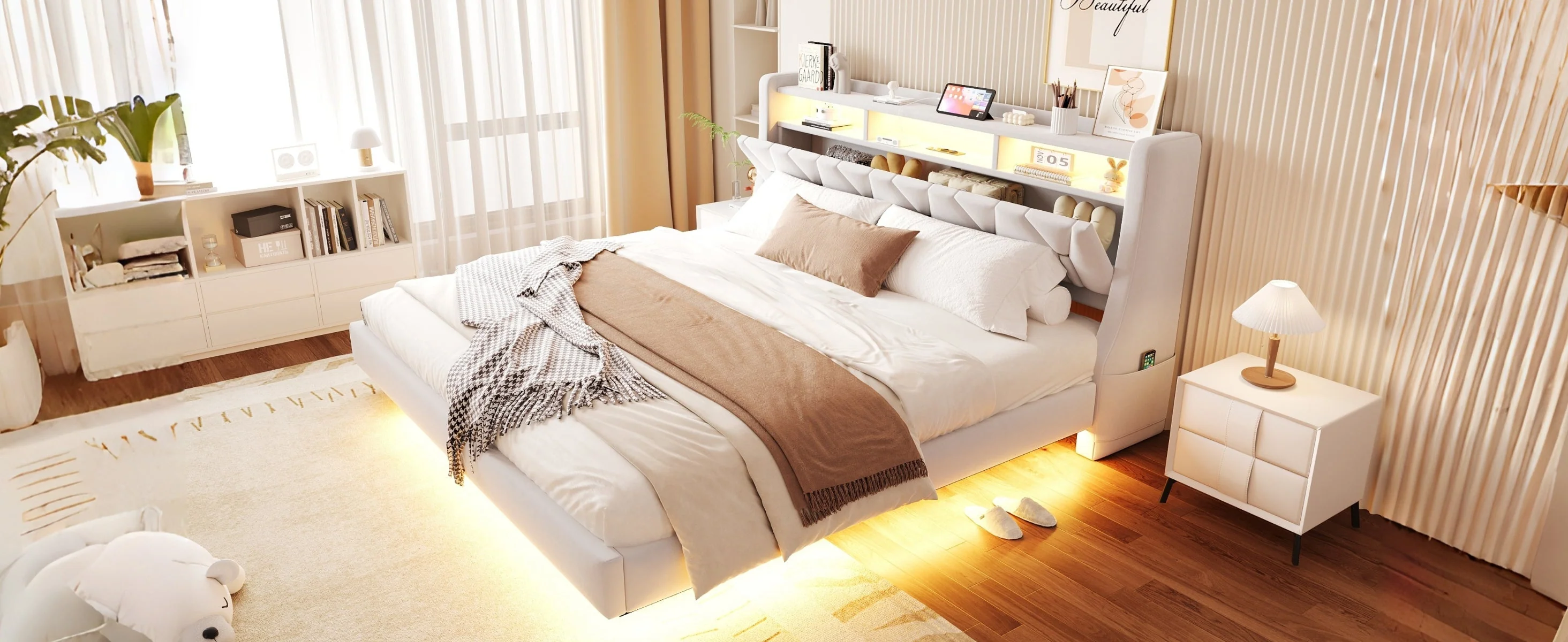 Upholstered Bed 180 x 200 cm with Storage Headboard, Charging Station and LED Lighting, Beige Velvet Fabric - Image 7