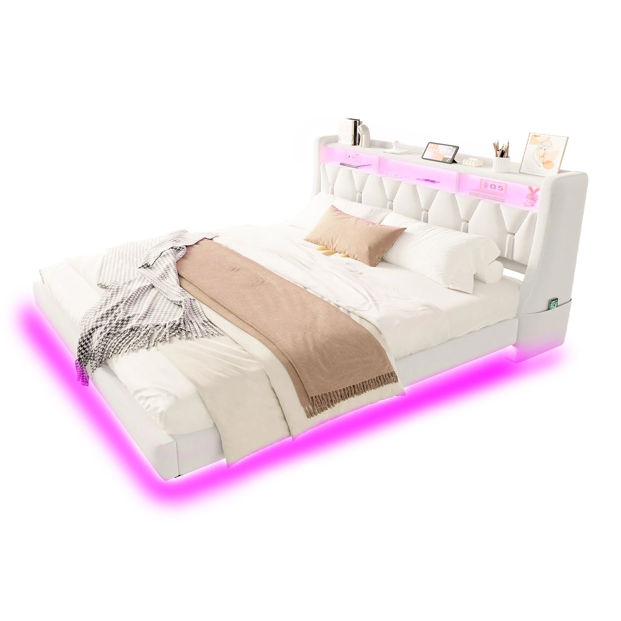 Upholstered Bed 180 x 200 cm with Storage Headboard, Charging Station and LED Lighting, Beige Velvet Fabric - Image 8