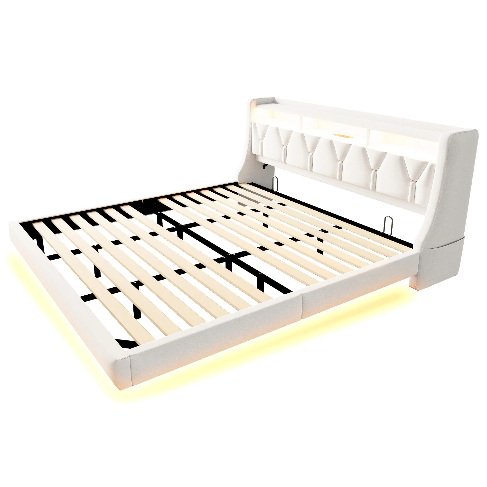 Upholstered Bed 180 x 200 cm with Storage Headboard, Charging Station and LED Lighting, Beige Velvet Fabric - Image 9