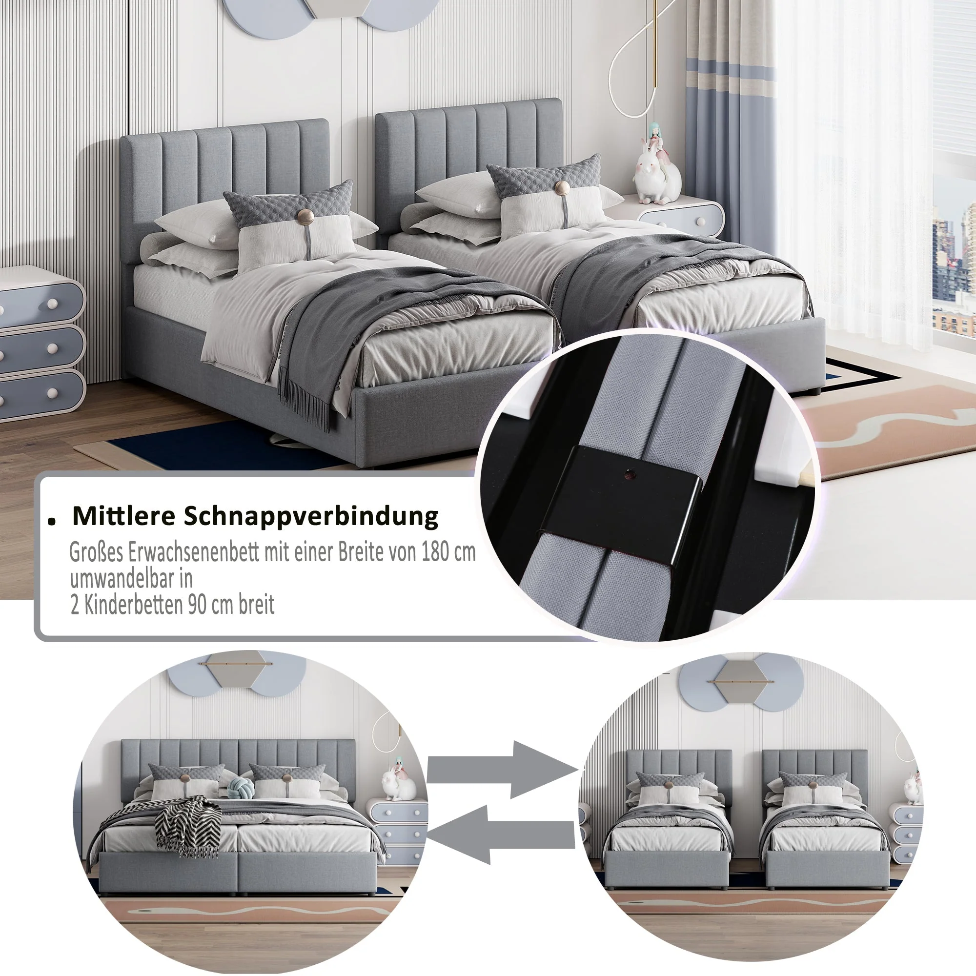 Upholstered Bed, 180x200 cm Hydraulic Storage, Linen Grey - Image 4