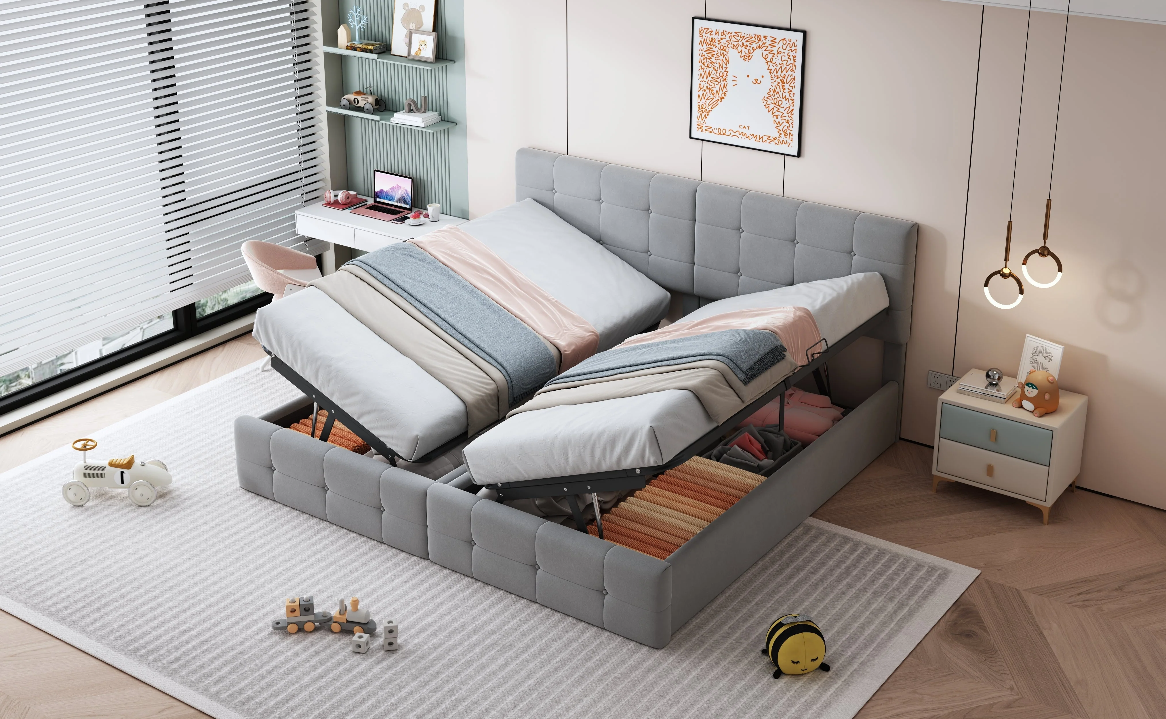 Upholstered Bed 180x200 cm, Hydraulic Storage Multifunctional Double, Velvet Grey - Image 4