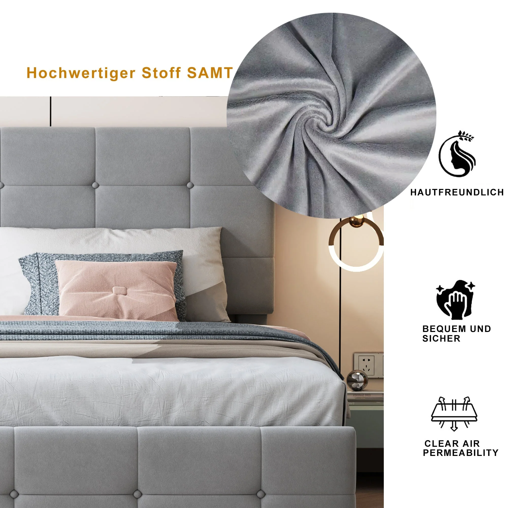 Upholstered Bed 180x200 cm, Hydraulic Storage Multifunctional Double, Velvet Grey - Image 7