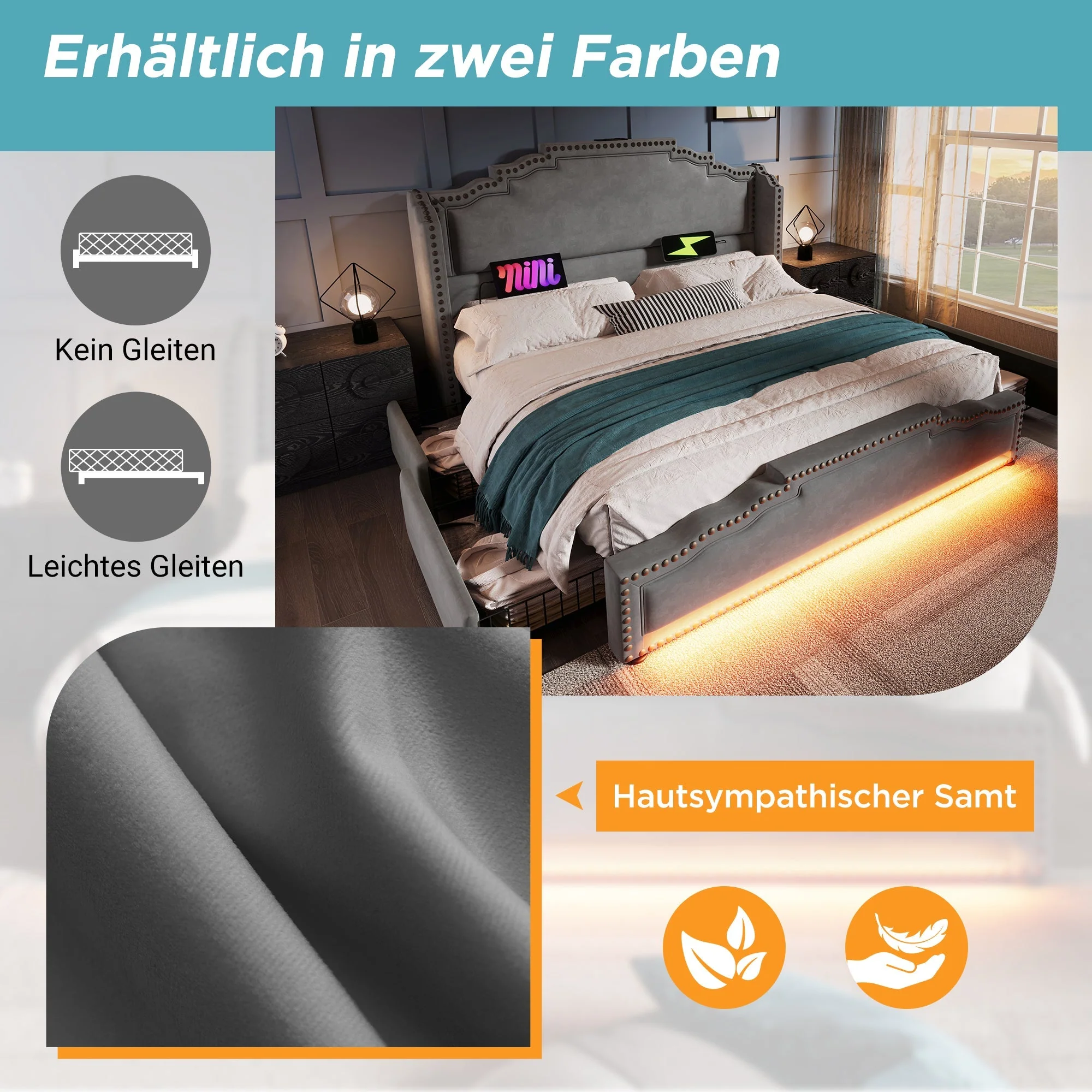 Upholstered Bed 180x200, Double Bed with 4 Drawers, LED and USB-C, Grey Velvet - Image 4