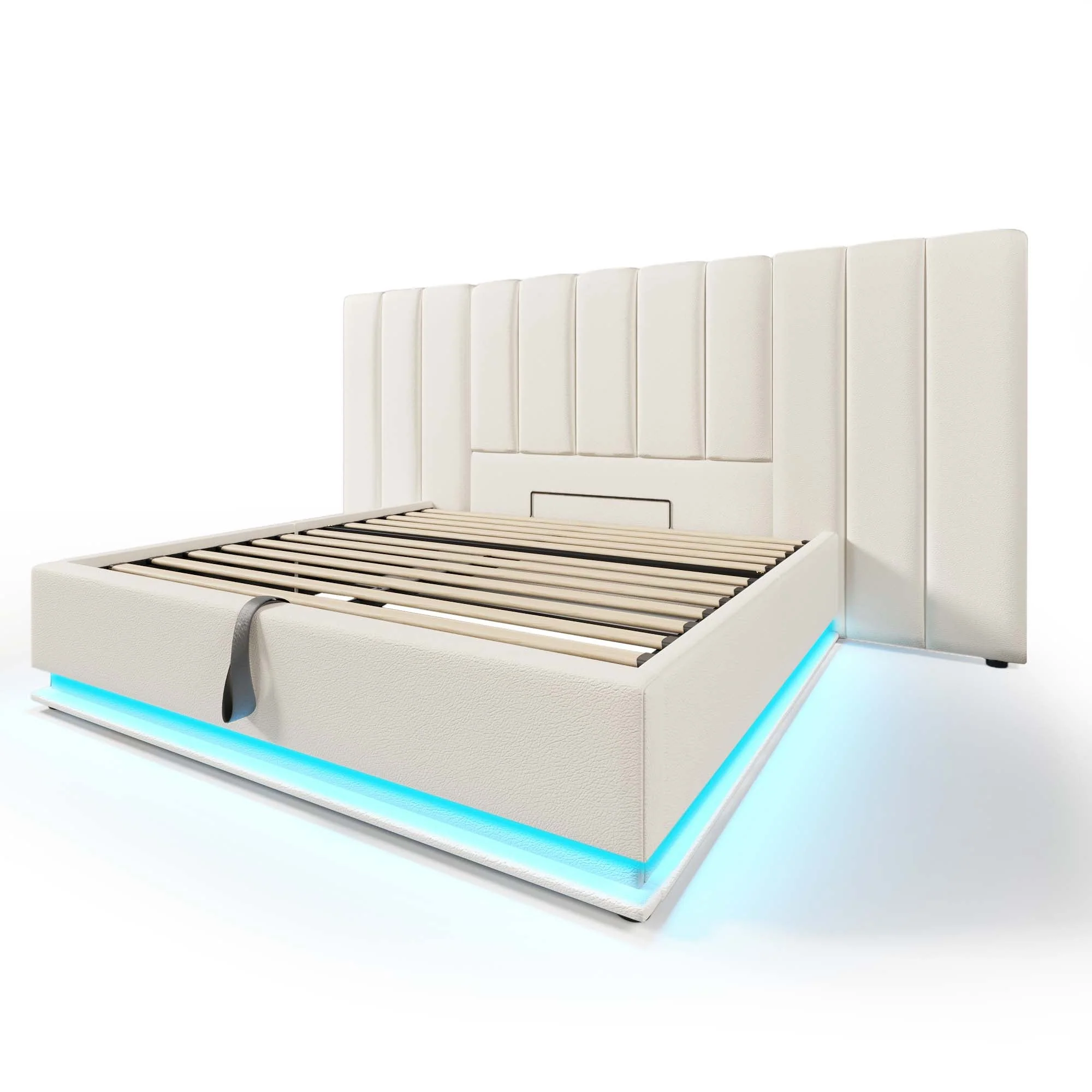 Upholstered Bed 180x200, Double Storage with App Control LED & USB-C, White PU - Image 5