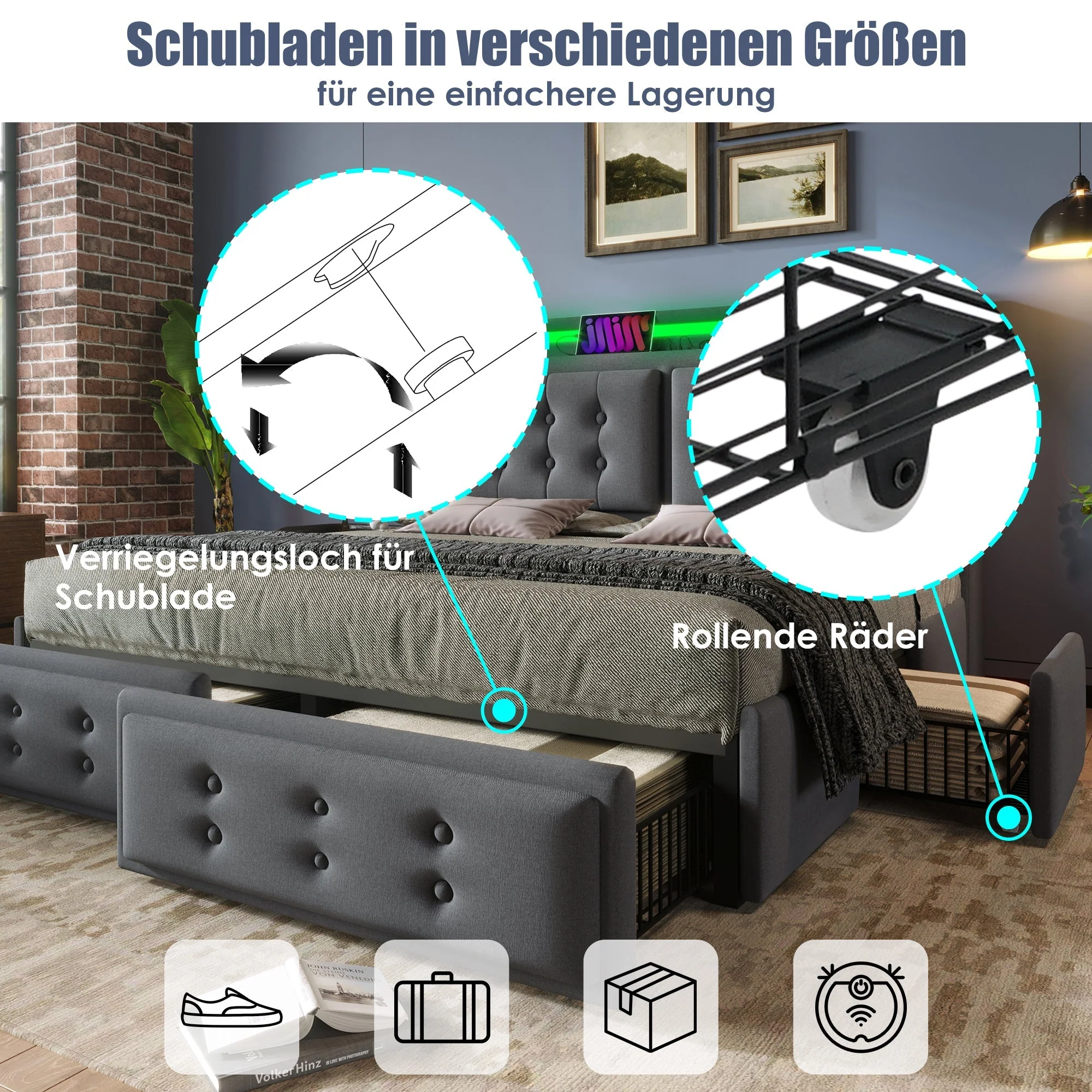 Upholstered Bed, 180x200 Double with LED Headboard, USB C Charging & 4 Drawers, Gray Cotton - Image 5