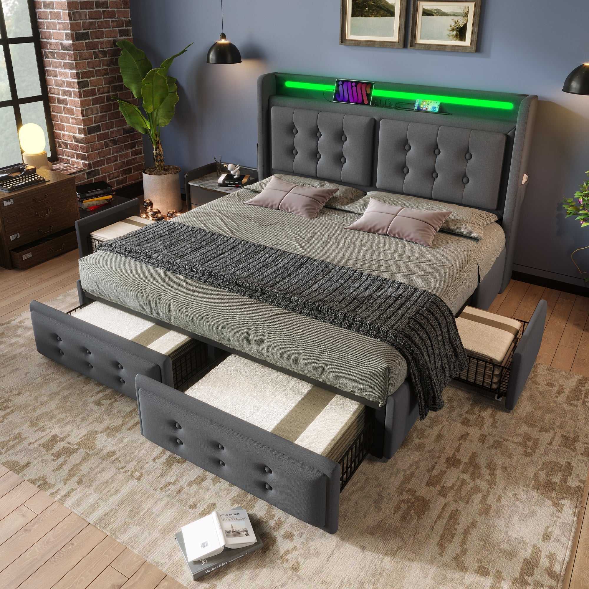 Upholstered Bed, 180x200 Double with LED Headboard, USB C Charging & 4 Drawers, Gray Cotton - Image 7