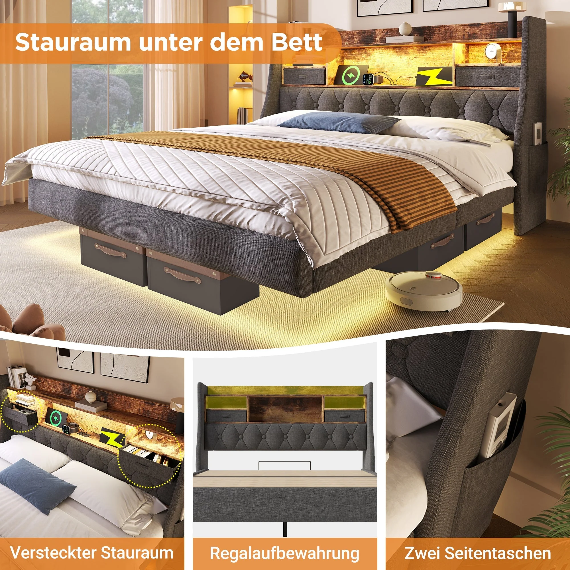 Upholstered Bed 180x200 Floating LED Charging Station Storage Headboard, Linen Grey - Image 5