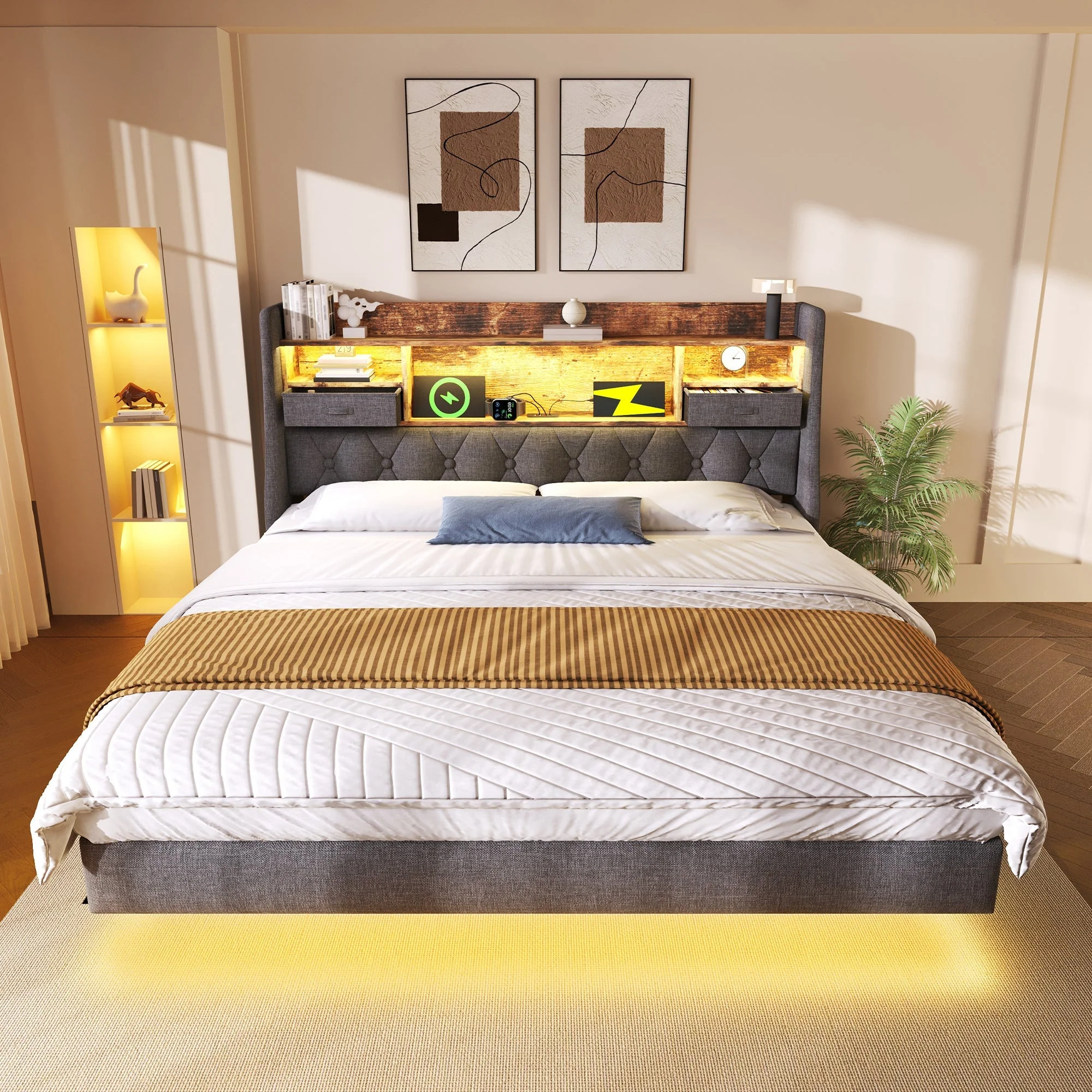 Upholstered Bed 180x200 Floating LED Charging Station Storage Headboard, Linen Grey - Image 8
