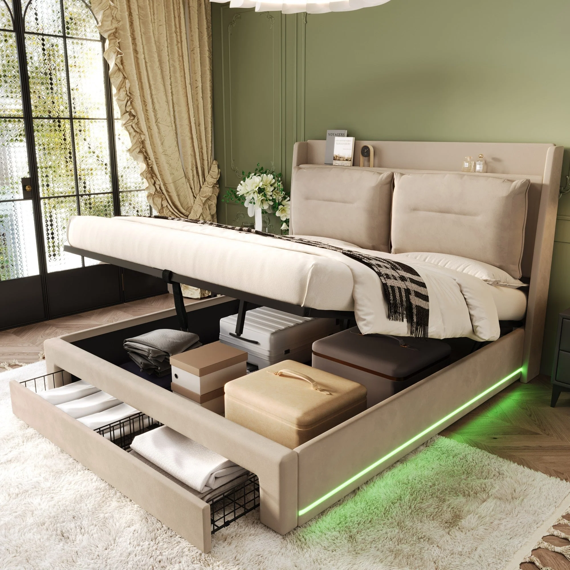 Upholstered Bed 180x200 Hydraulic Storage Drawers LED Light - Velvet Beige