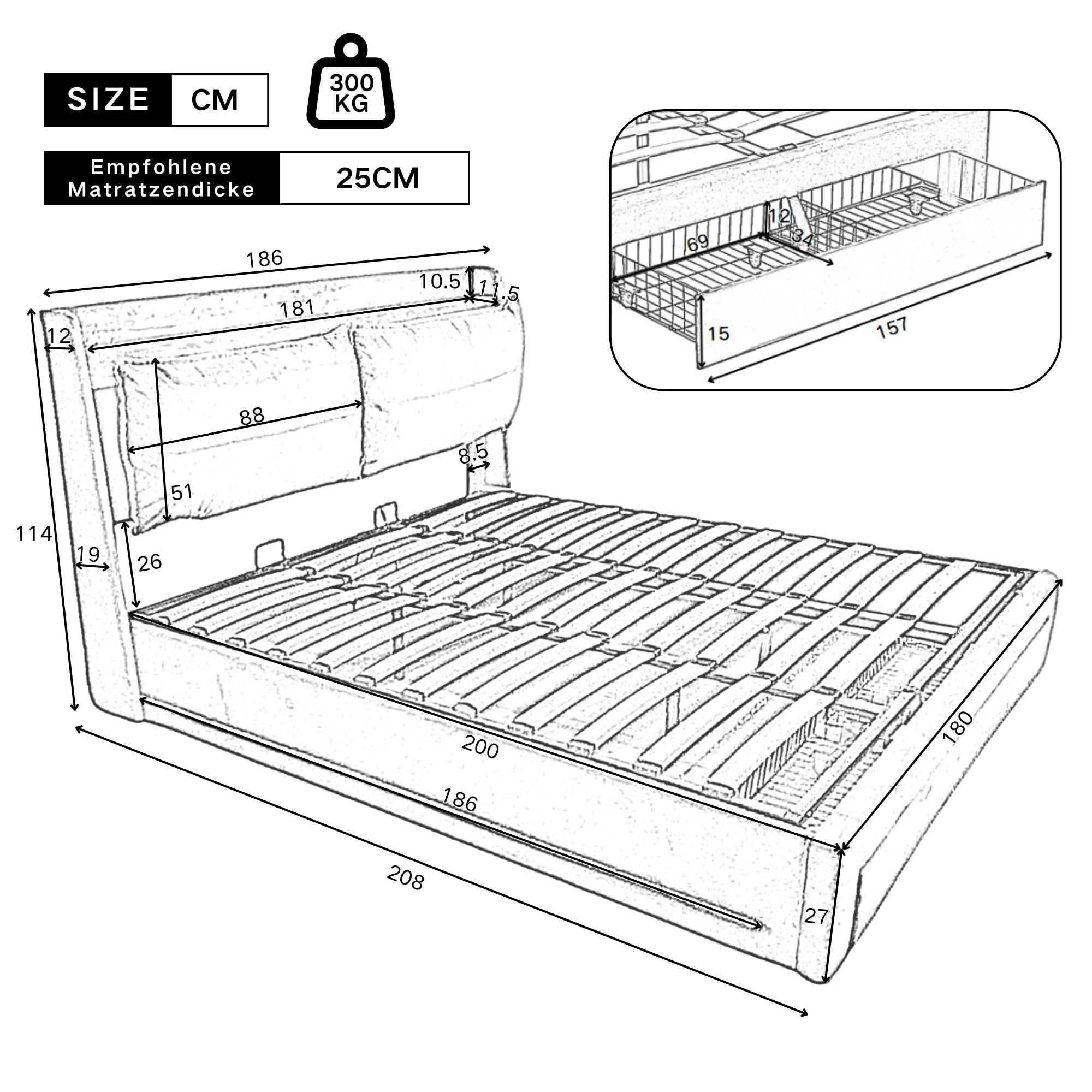 Upholstered Bed 180x200 Hydraulic Storage Drawers LED Light - Velvet Beige - Image 8