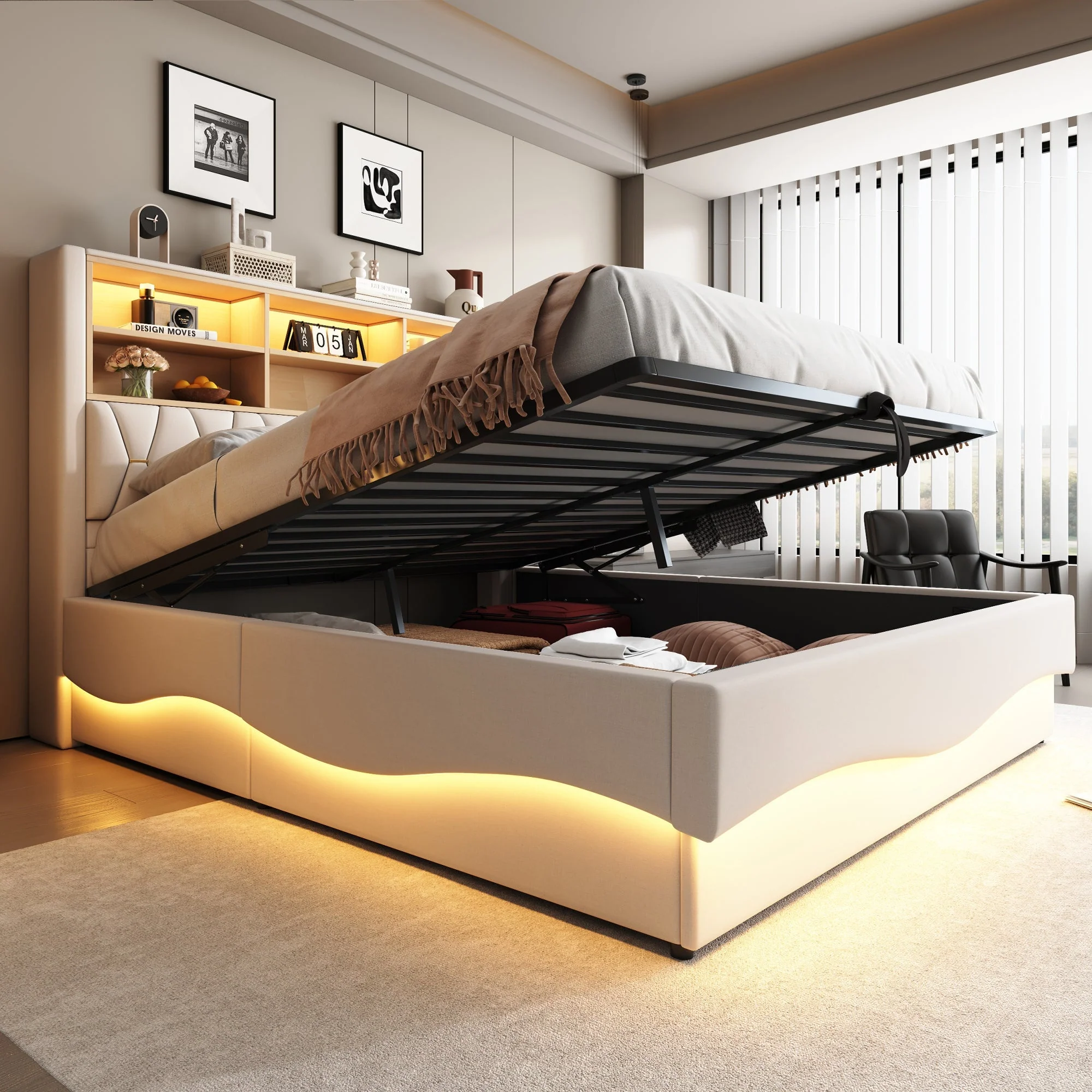 Upholstered Bed 180x200 Hydraulic Storage LED/USB Linen Beige - Image 3