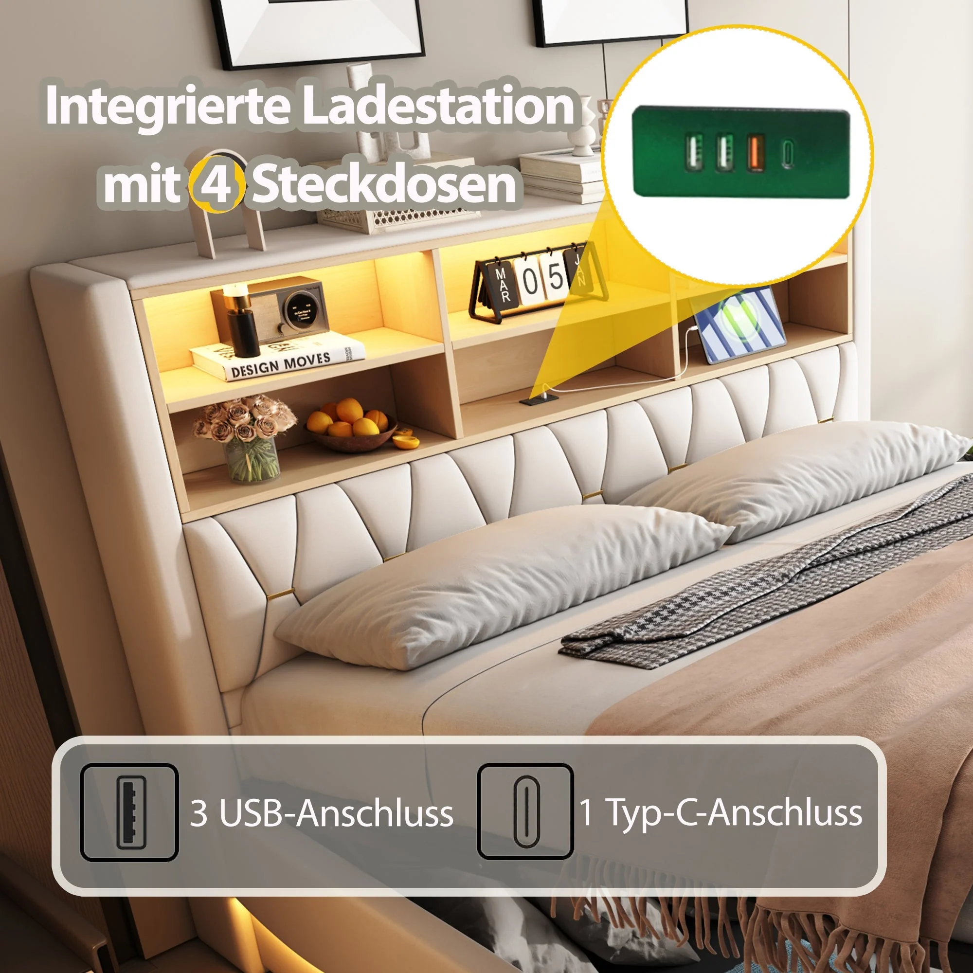 Upholstered Bed 180x200 Hydraulic Storage LED/USB Linen Beige - Image 6