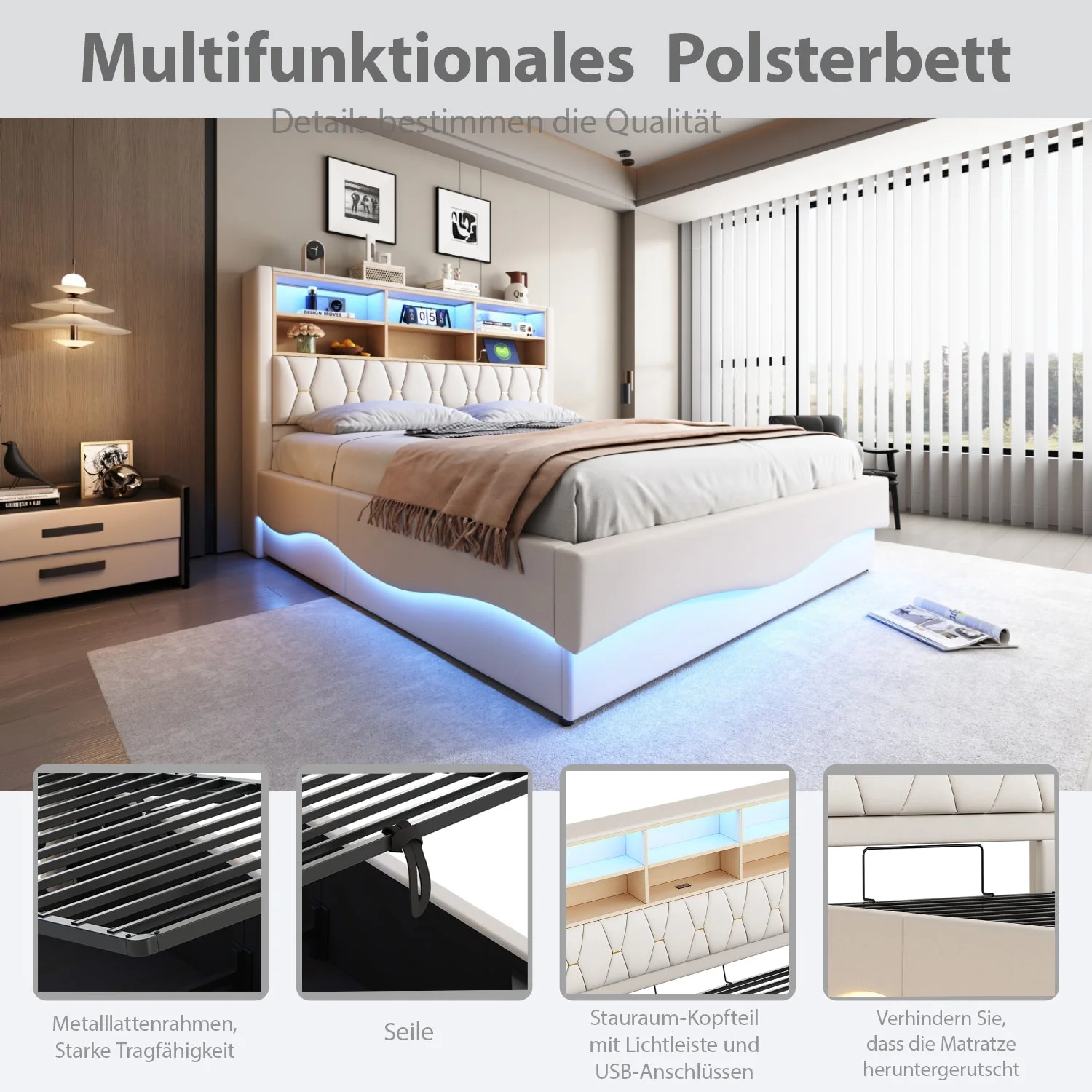 Upholstered Bed 180x200 Hydraulic Storage LED/USB Linen Beige - Image 7