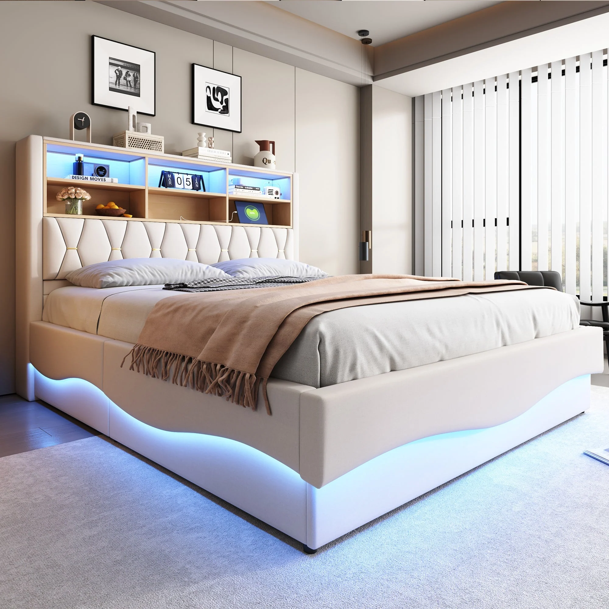 Upholstered Bed 180x200 Hydraulic Storage LED/USB Linen Beige - Image 8