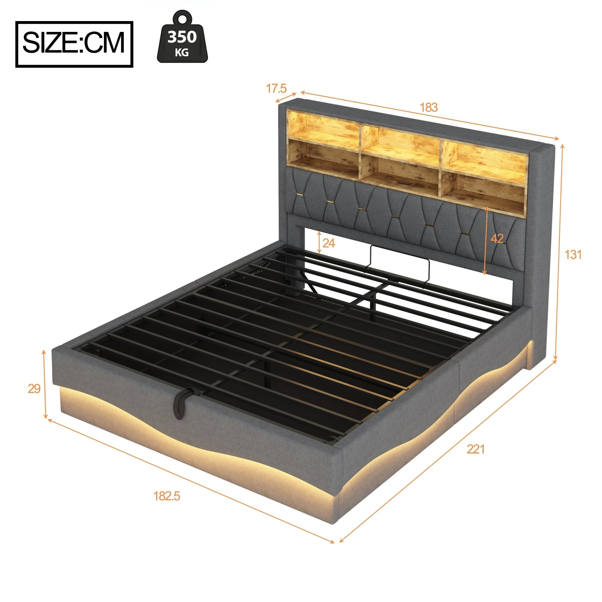 Upholstered Bed 180x200 Hydraulic Storage LED/USB Slatted Frame Linen Grey - Image 4