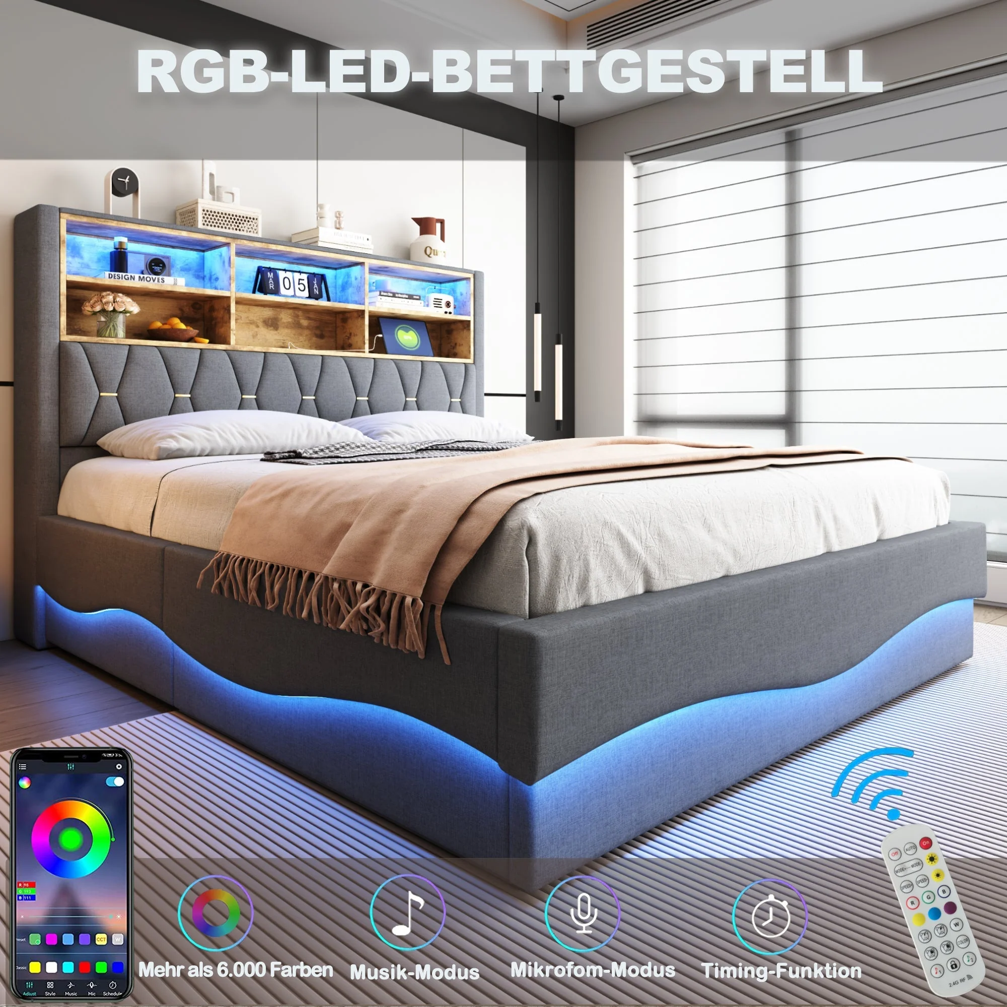 Upholstered Bed 180x200 Hydraulic Storage LED/USB Slatted Frame Linen Grey - Image 5