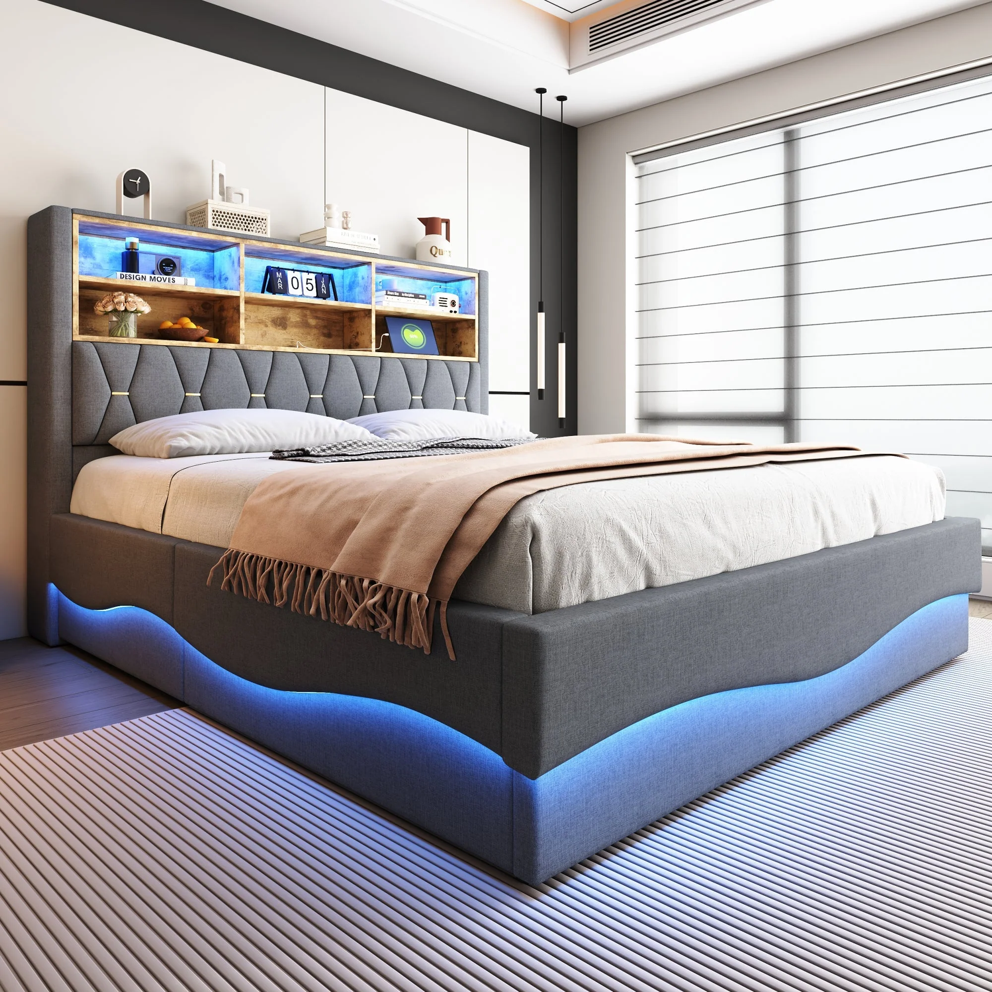 Upholstered Bed 180x200 Hydraulic Storage LED/USB Slatted Frame Linen Grey - Image 8