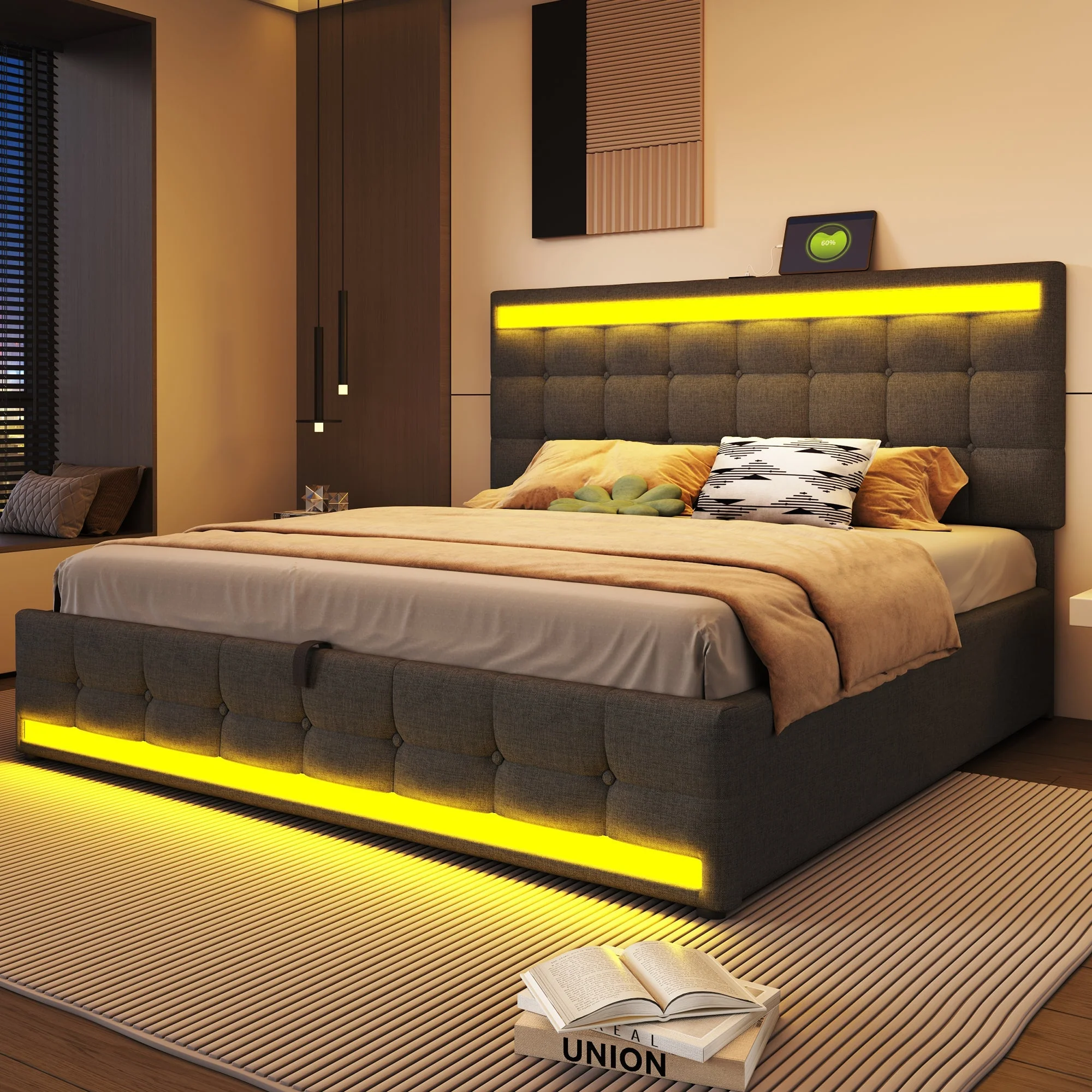 Upholstered Bed 180x200 Hydraulic Storage USB LED Light Strip Children's Bed, Grey Linen - Image 2