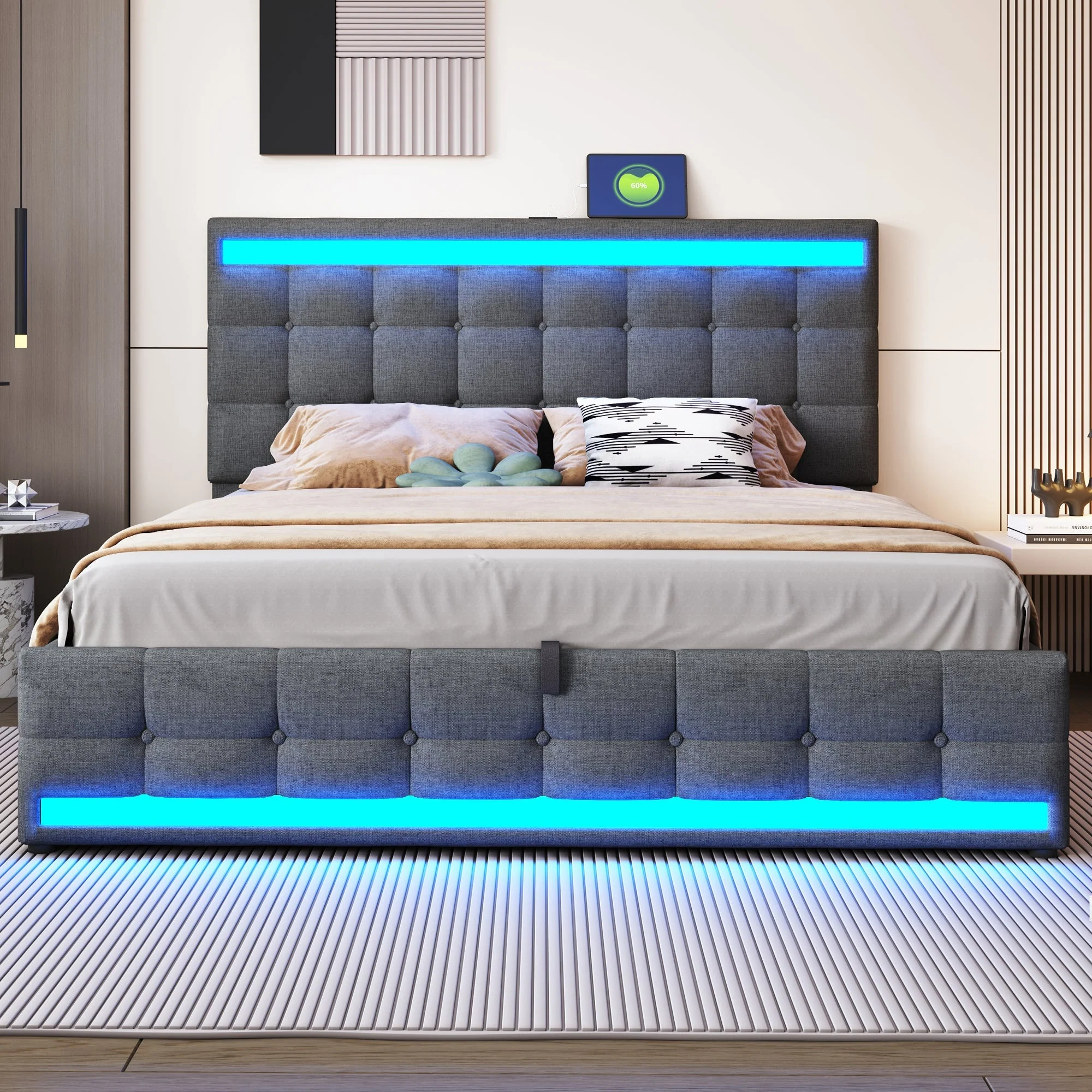 Upholstered Bed 180x200 Hydraulic Storage USB LED Light Strip Children's Bed, Grey Linen - Image 3