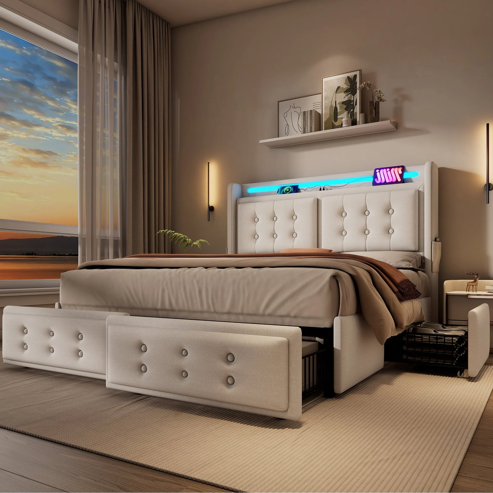 Upholstered Bed 180x200, LED Headboard with USB-C, 4 Drawers, Beige Cotton - Image 10
