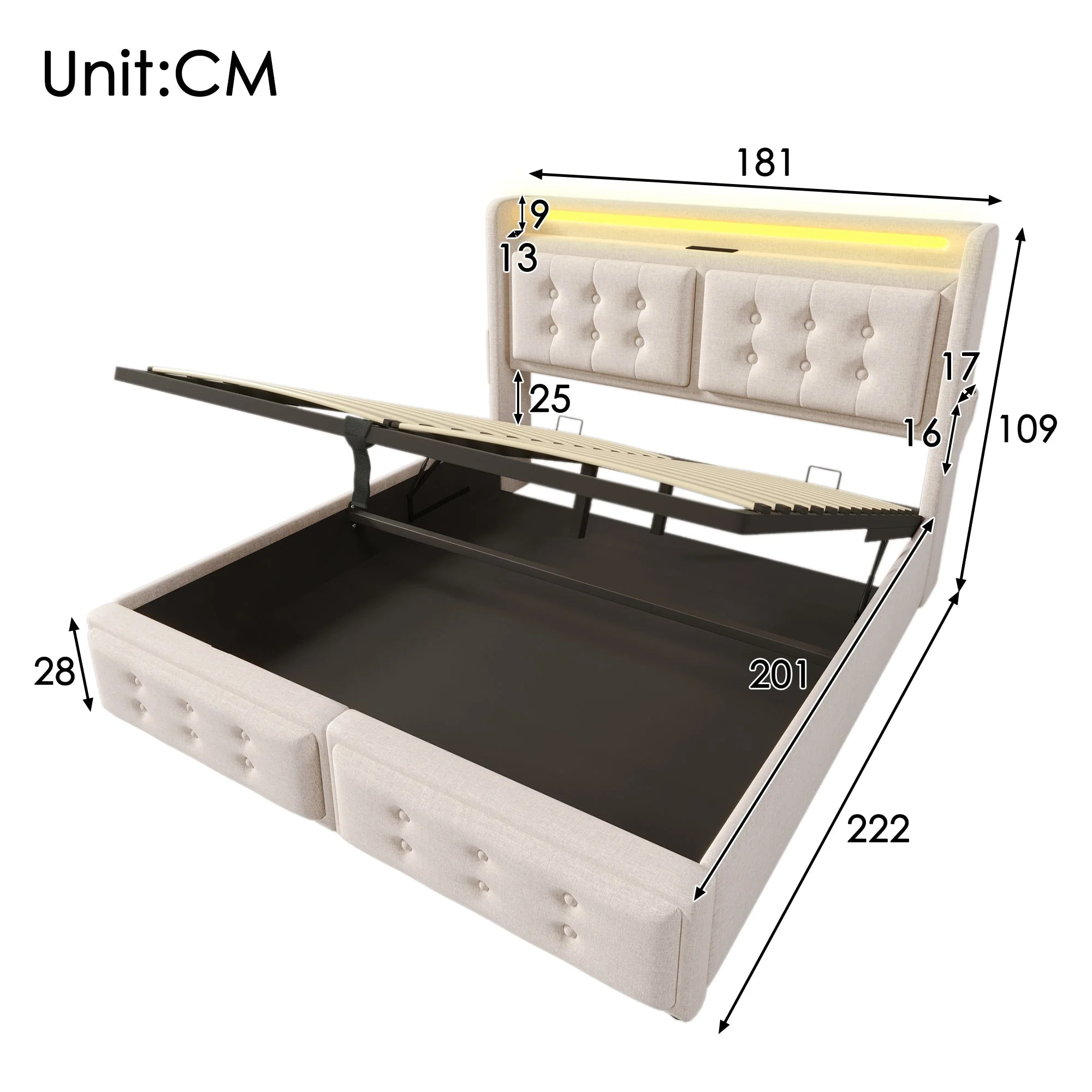 Upholstered Bed 180x200, LED Headboard with USB-C, Hydraulic, Beige Cotton - Image 2