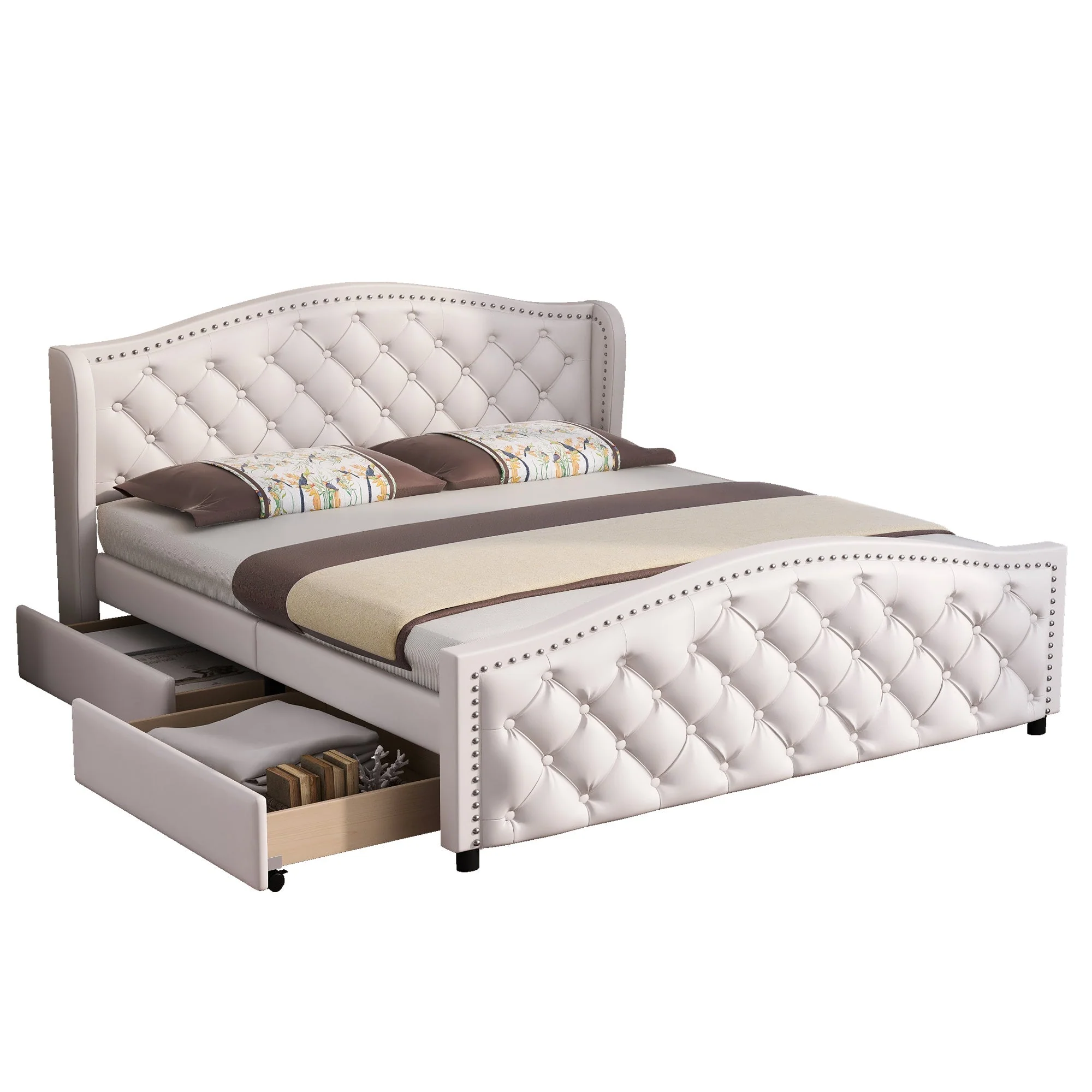 Upholstered Bed 180x200 Storage 2 Drawers High Headboard - PU White - Image 9